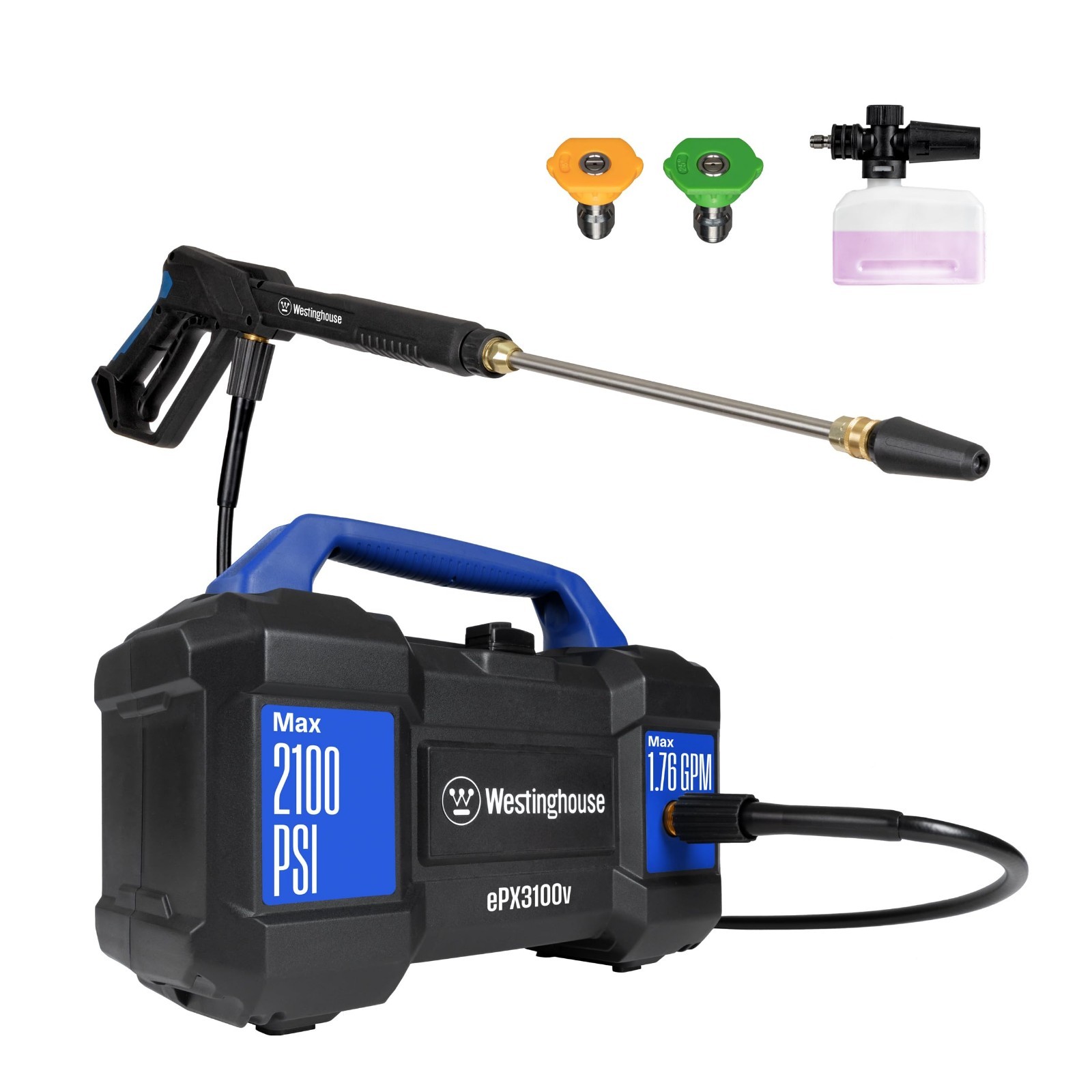 Electric Pressure Washer 2100 PSI 1.76 GPM, Foam Cannon, 3 Nozzle Set, Portable