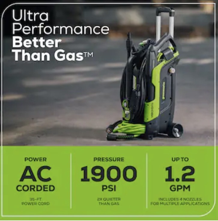 Greenworks 1900-PSI 1.2-GPM Cold Water Electric Pressure washer with Spray Tips