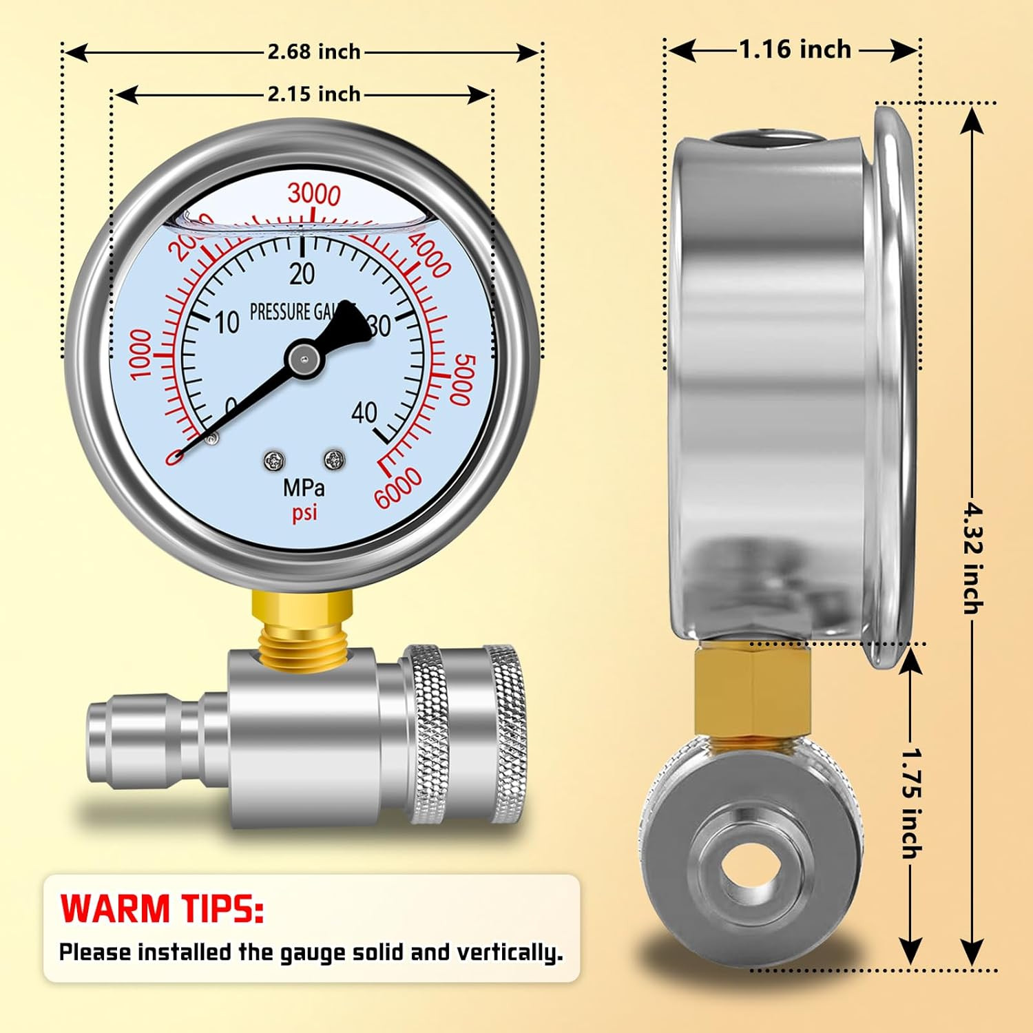 Pressure Washer Gauge Kit, Pressure Gauge for Power Washer with 3/8Inch Quick Co