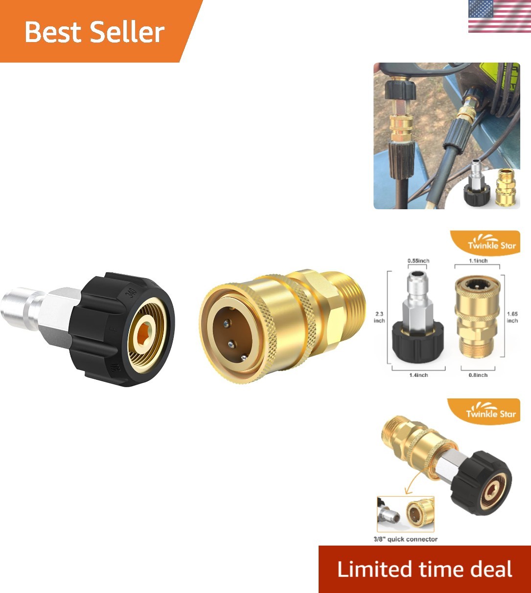 High Pressure Quick Connect Brass Fittings Set, M22 to 3/8” for Power Washers