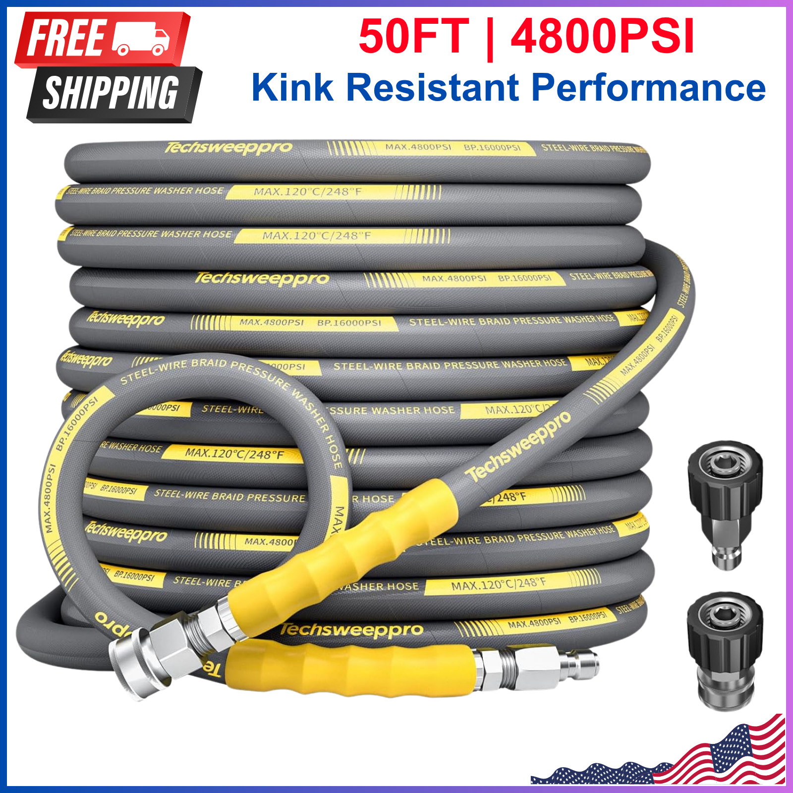 4800PSI Pressure Washer Hose 50FT W/3/8″ Swivel Quick Connect for Cold/Hot Water