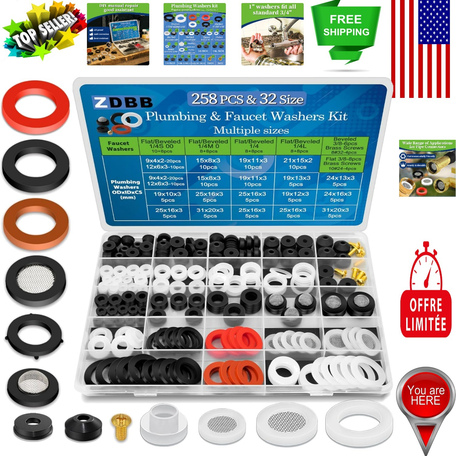 Comprehensive 258 Pcs Faucet Washer & Hose Gasket Repair Assortment Kit