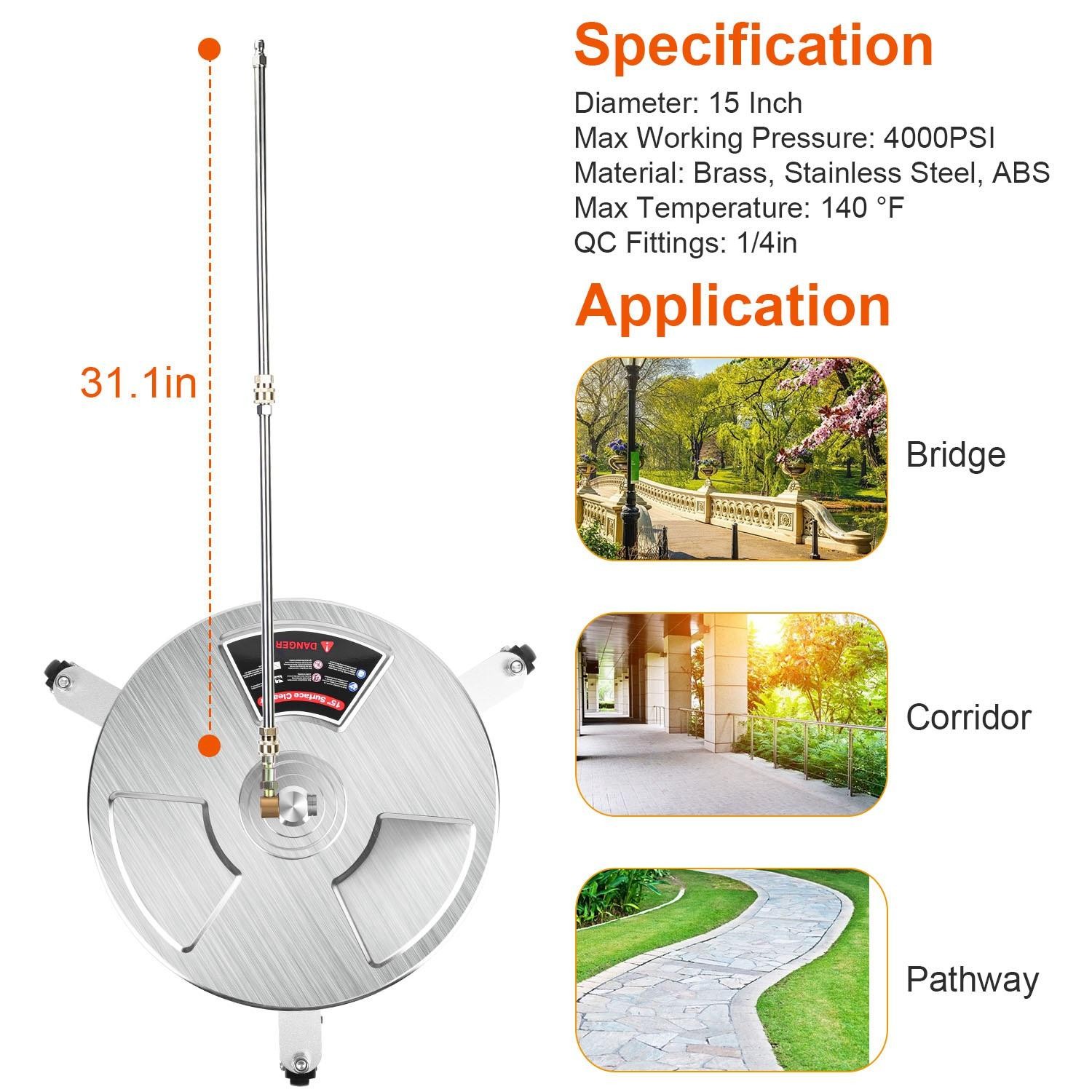 15″ High Pressure Washer Flat Surface Cleaner 4000PSI Stainless Steel Disc Broom