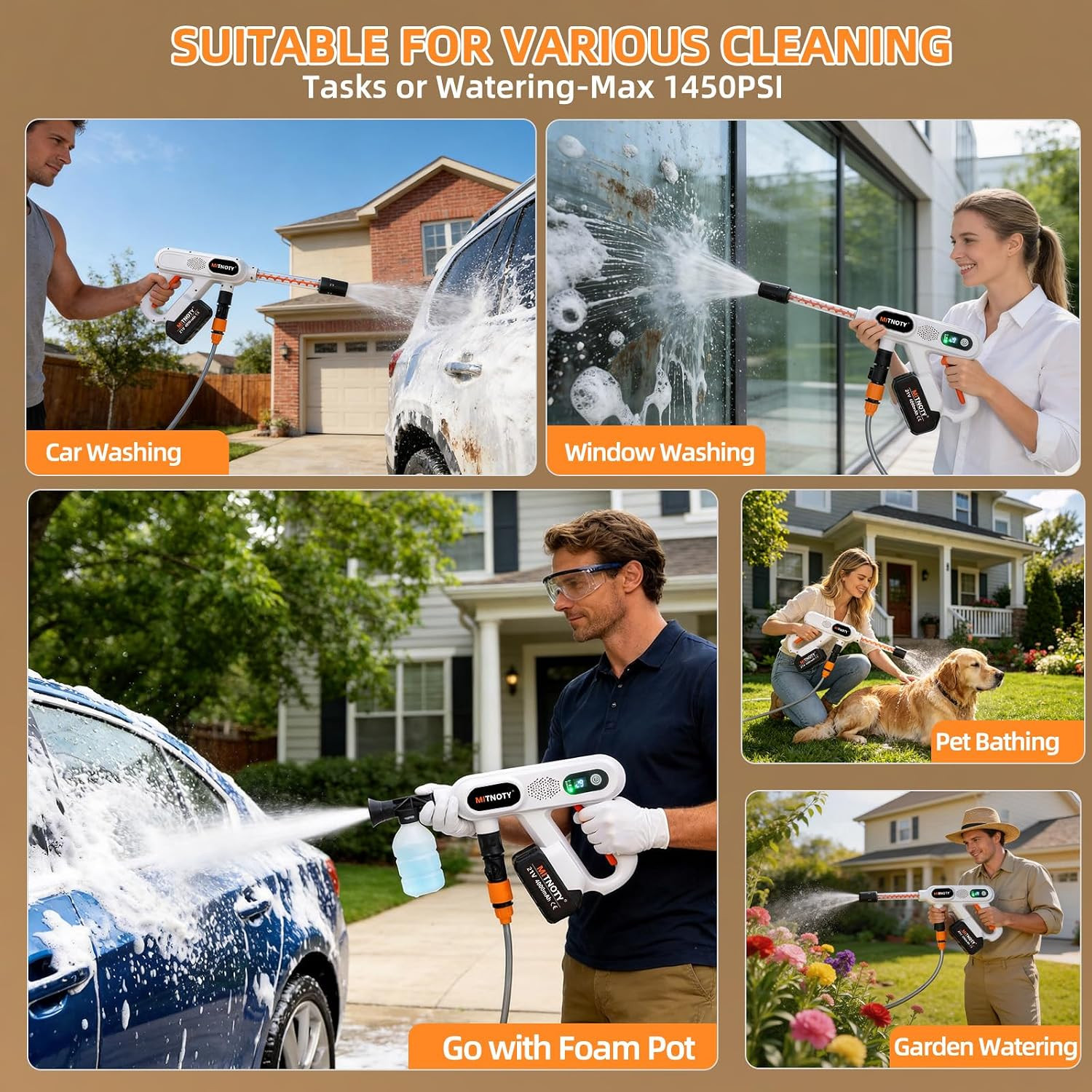 Portable Cordless Washer, 1450 MAX PSL Handheld Car Washer with 5-In-1Nozzle, 3