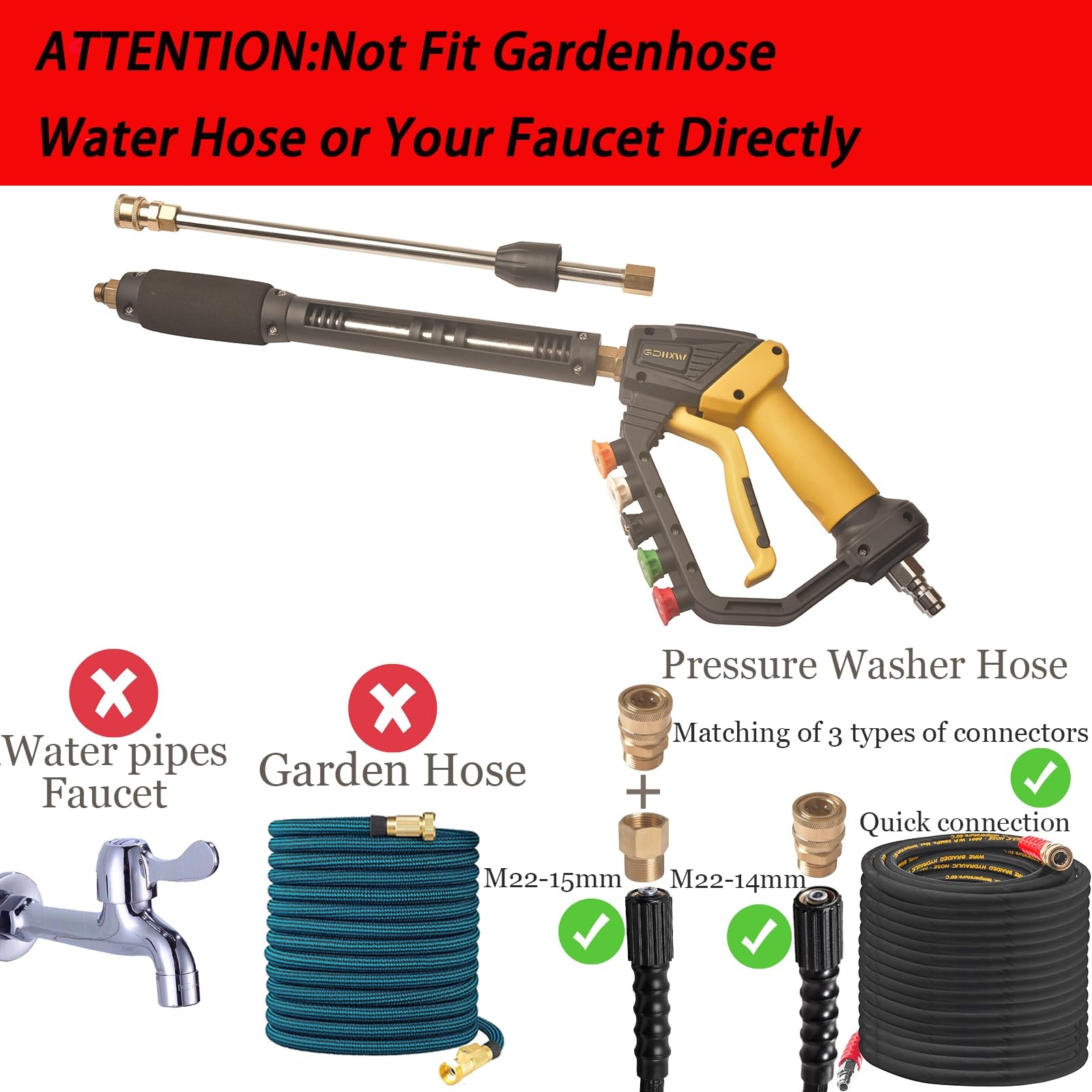 High Power Washer Gun Adjustable Extension Wand Quick Connection 5 Nozzles
