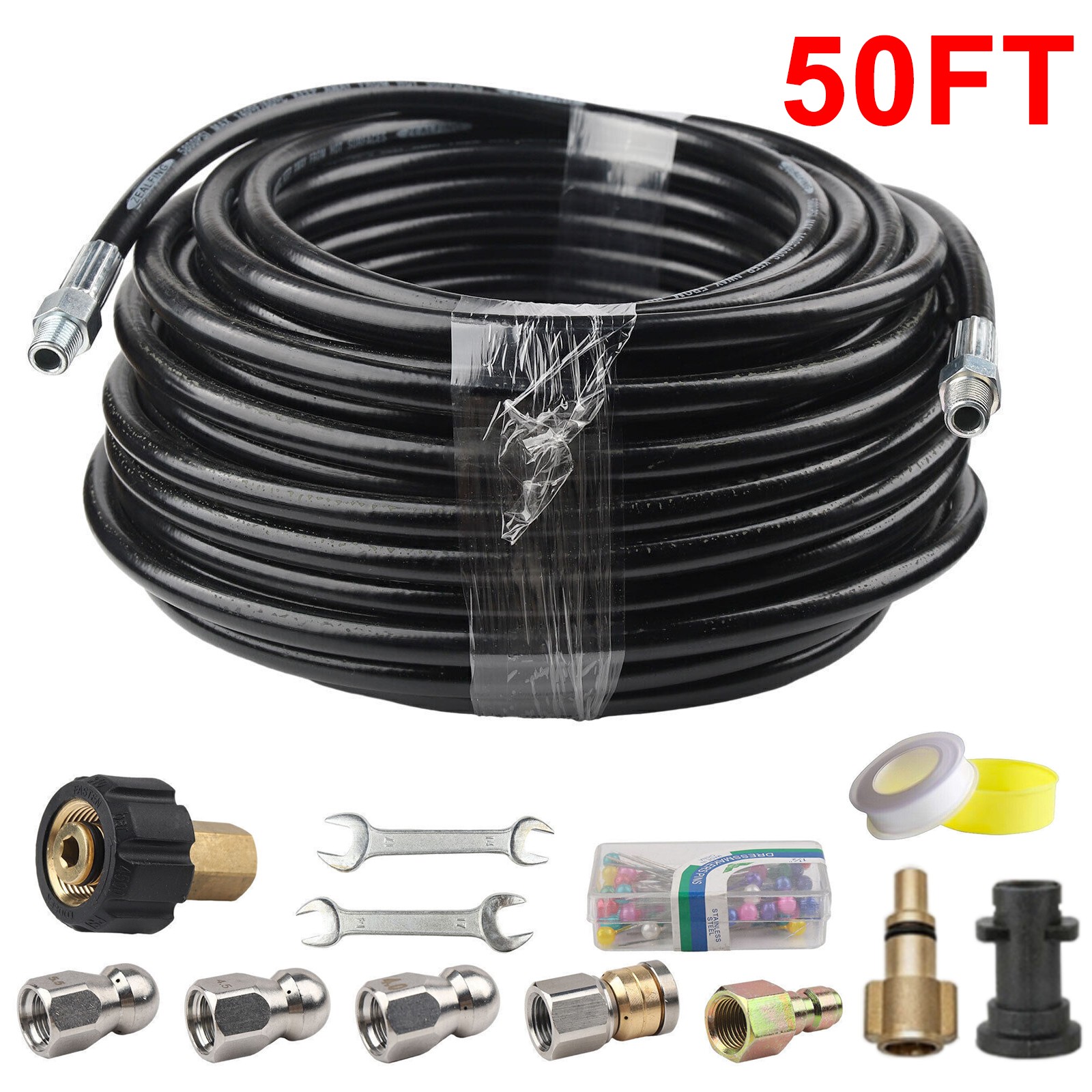5800PSI Sewer Jetter Nozzles Kit 100FT 50FT Cleaning Hose for Pressure Washer