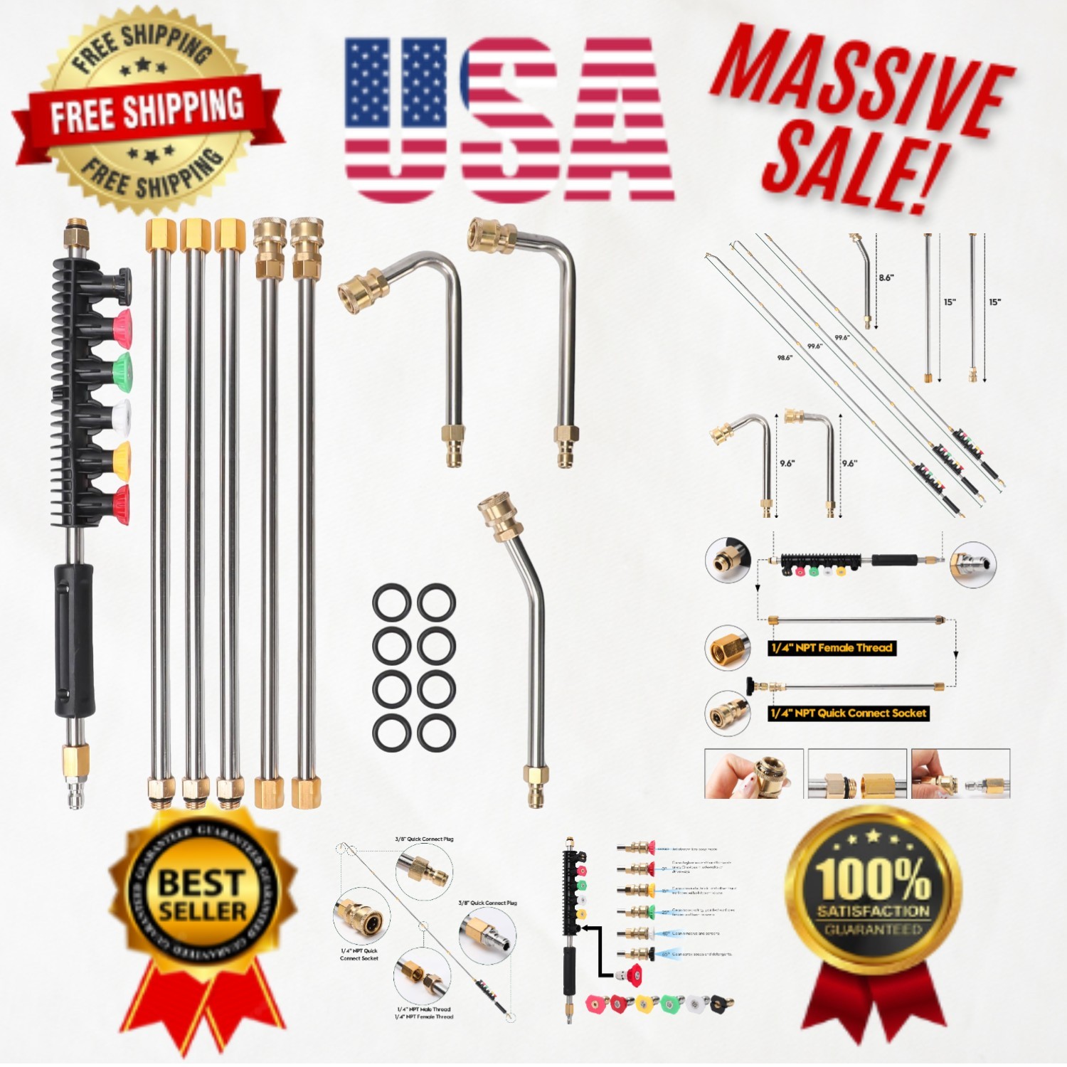 Versatile Pressure Washer Lance Set – 9 Extension Wands with 6 Curve Nozzle Tips