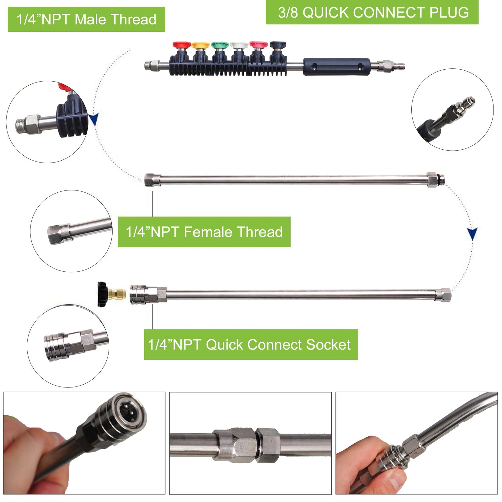 9 PCS Pressure Washer Extension Wand 6 Nozzle 30/90/120 Deg 1/4″ 4000 PSI