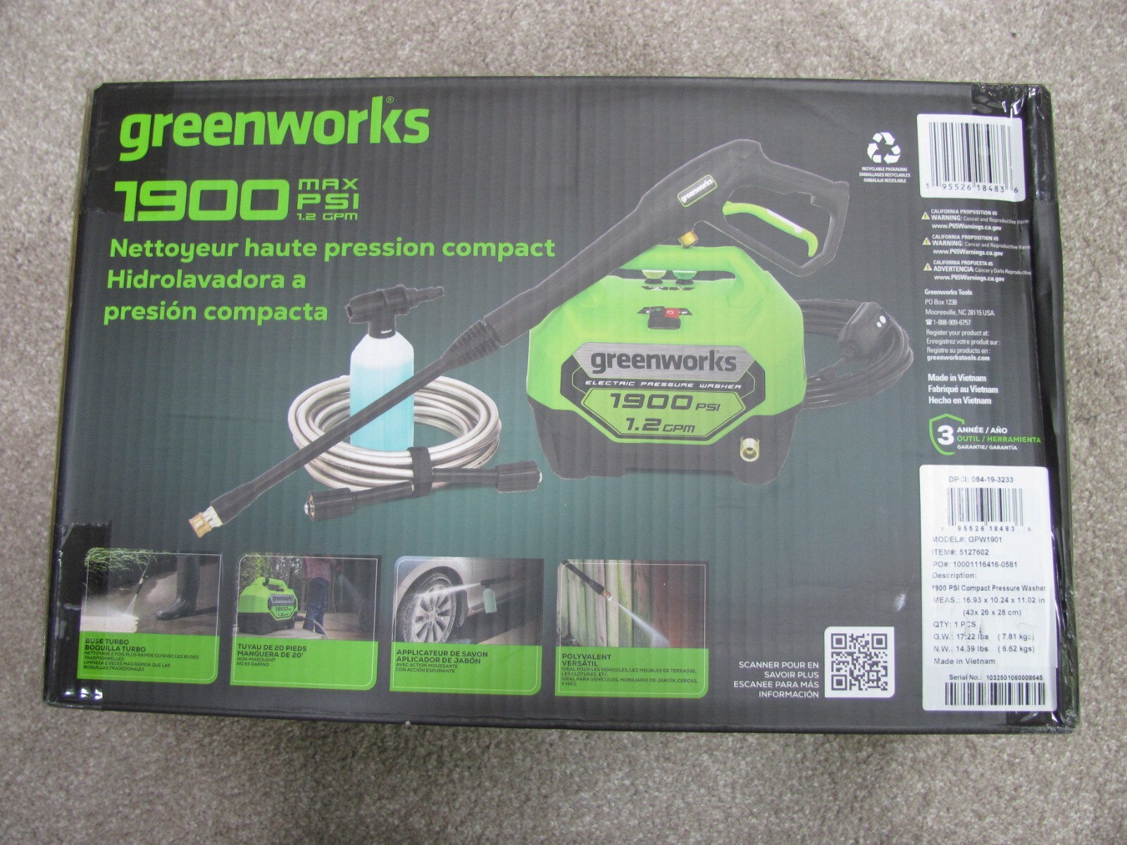 New Greenworks 1900 MAX PSI 1.2 GPM Electric Compact Pressure Washer (GPW1901)