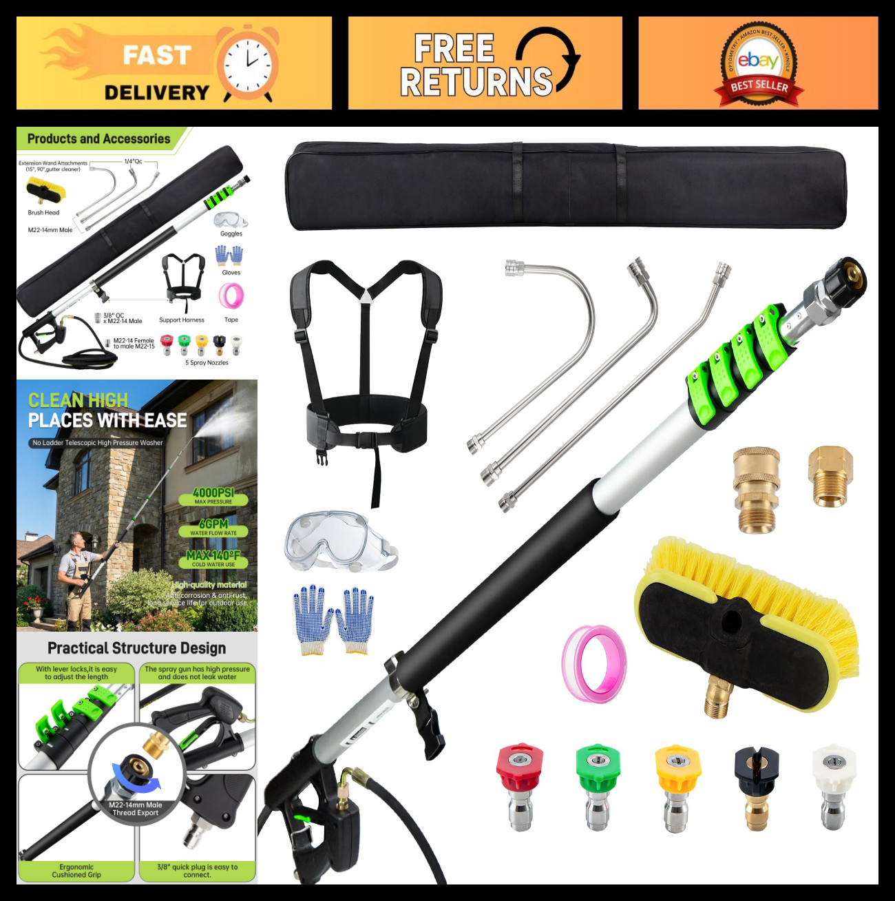 24FT Telescoping Pressure Washer Wand, Gutter Cleaner, 5 Nozzle Tips & Brush Hea