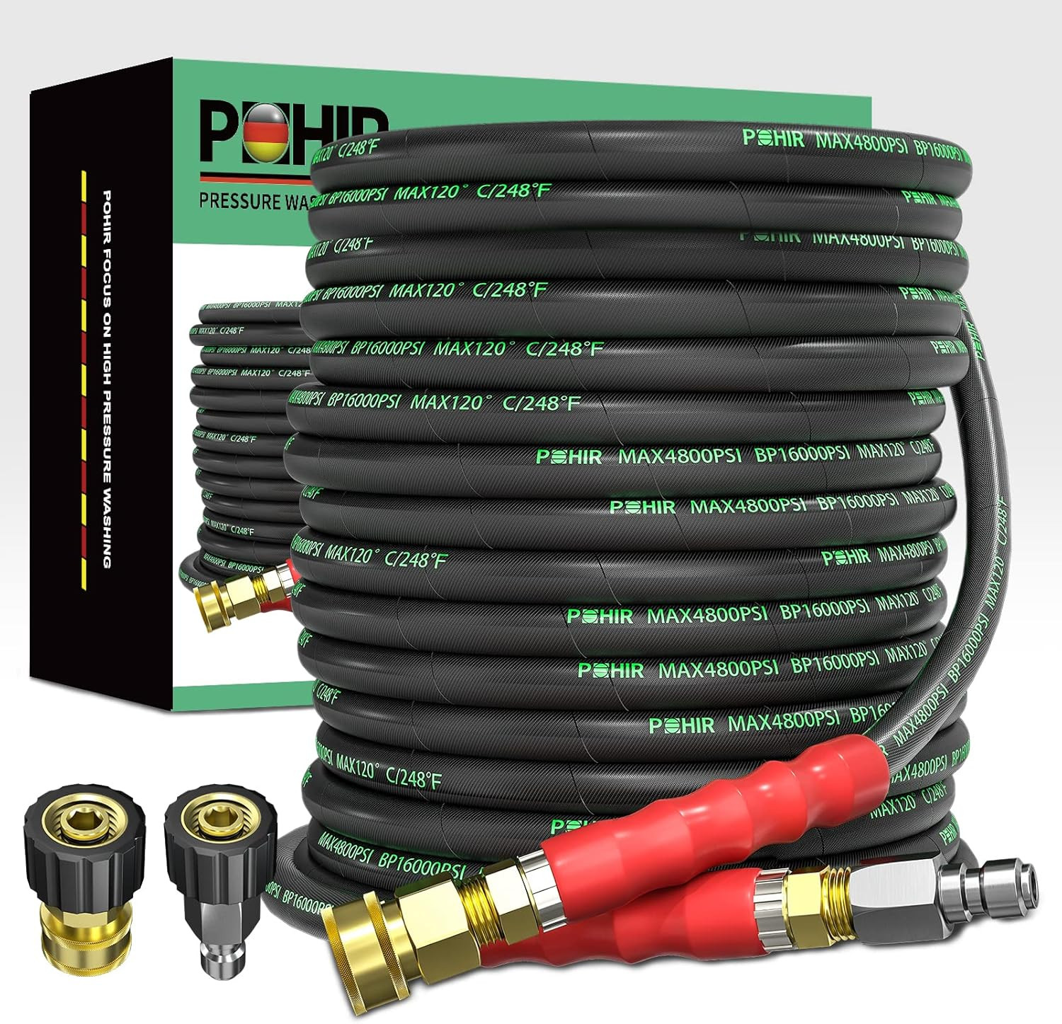 70FT Pressure Washer Hose 4800PSI Kink Resistant with Quick Connect Adapters