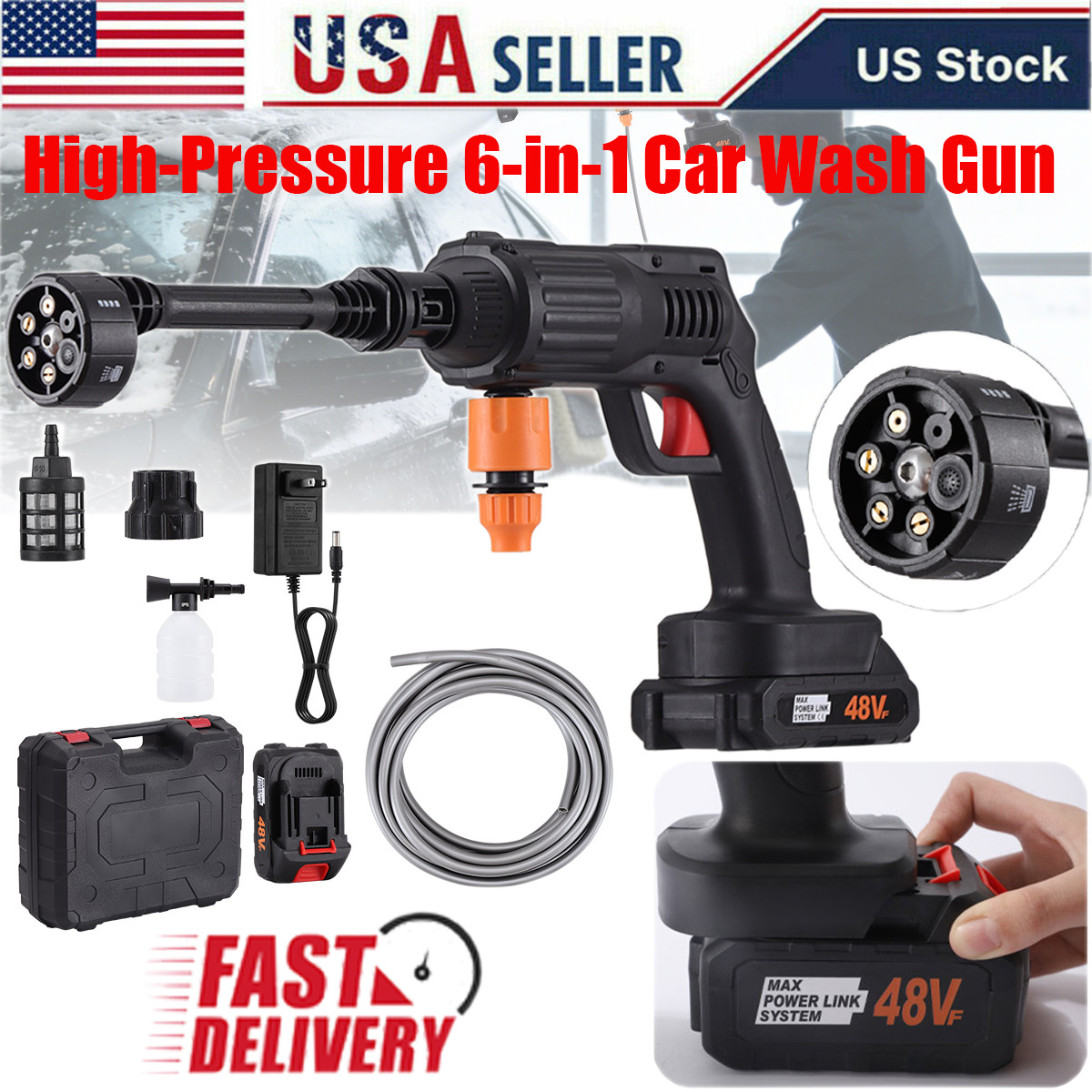 US Stock 48V High Power Cordless Pressure Washer 6-in-1 Car Wash Gun 2 Batteries