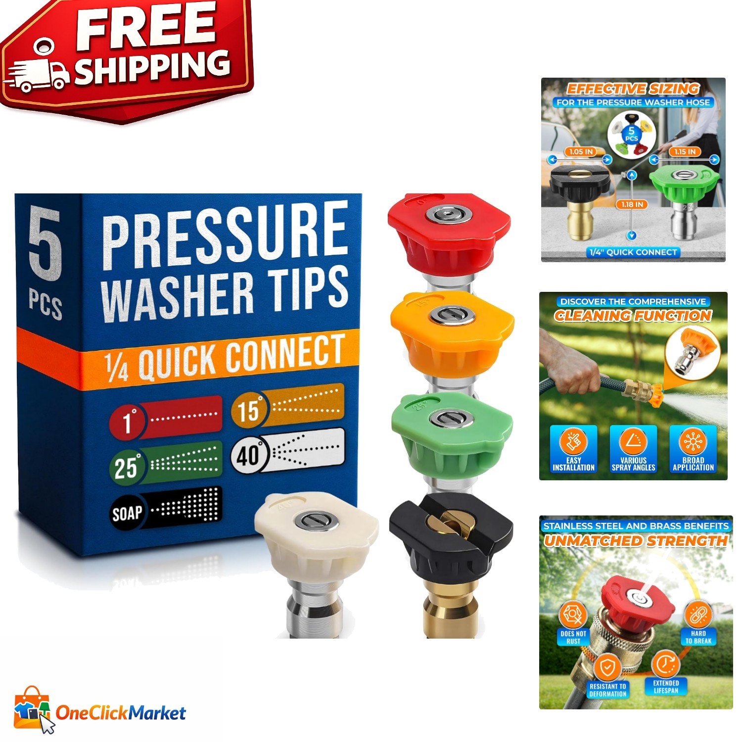 5-Piece Pressure Washer Tips Set – Quick-Connect Foam Sprayer, Rust-Resistant