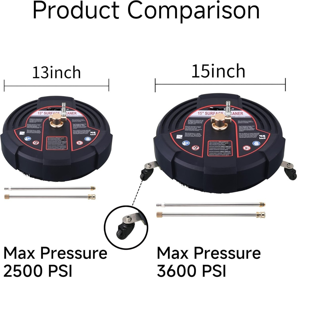 15 Inch Pressure Washer Surface Cleaner with 3 Wheels, 2 Extension Wands, Surfac