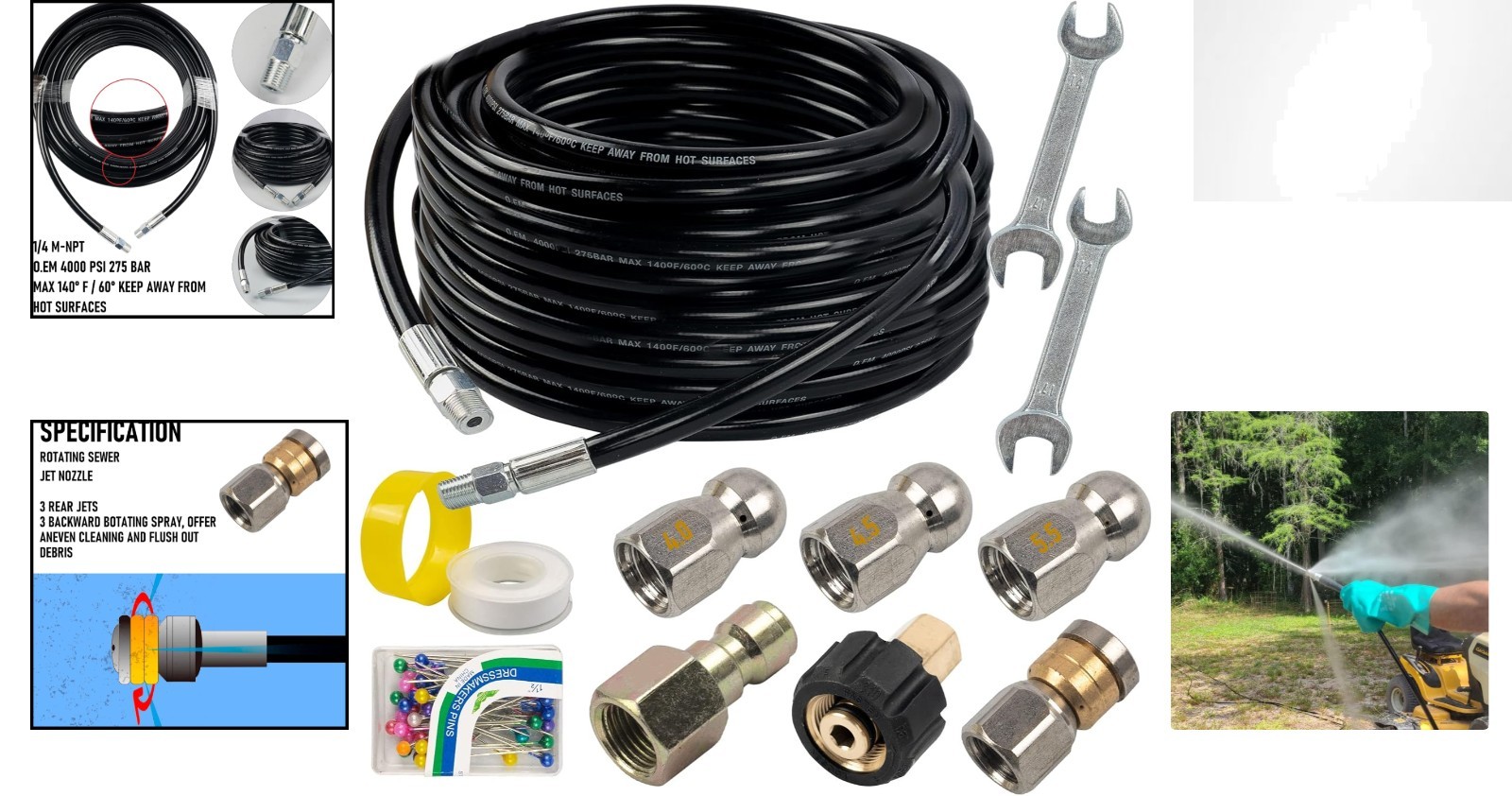 Efficient 50FT Drain Cleaning Hose & Nozzle Set for Pressure Washers – 4,000 PSI