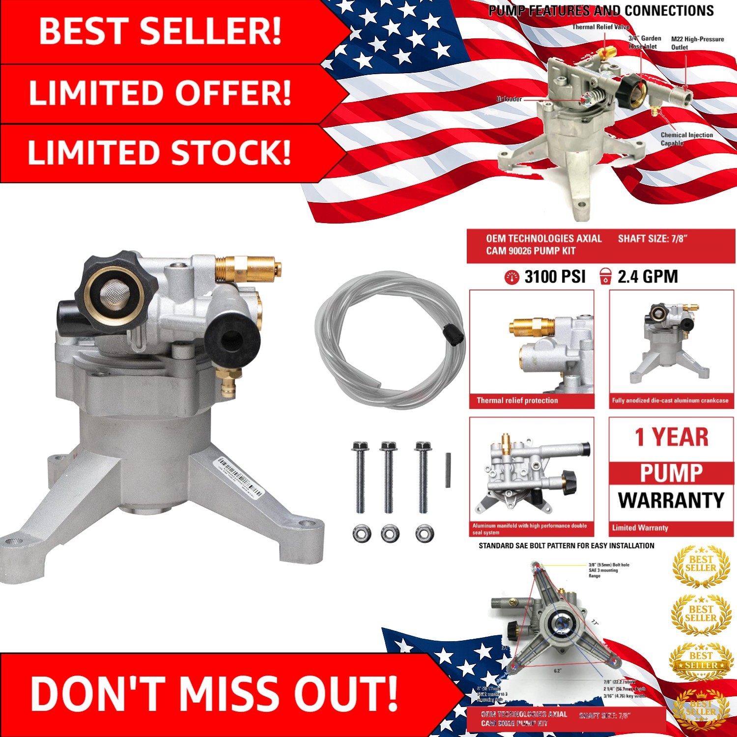 Vertical Axial Cam Pump Kit – 3100 PSI | 2.4 GPM for Gas Power Washers
