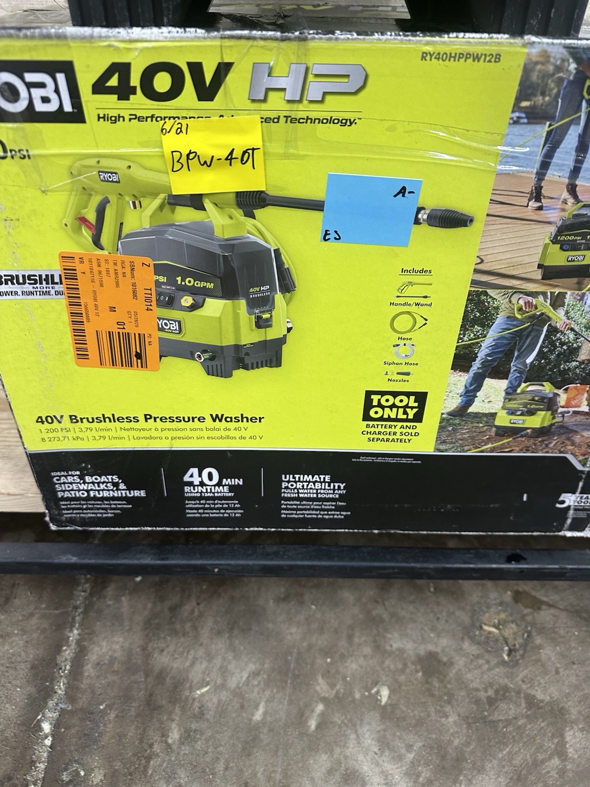 Ryobi 40V Brushless 1200PSI Pressure Washer RY40HPPW12B USED BPW-40T Tool Only