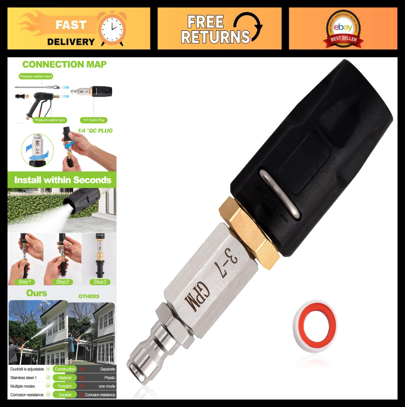 Adjustable Soft Wash Nozzle for Pressure Washer 1700-6000 PSI, Long Range Shoote