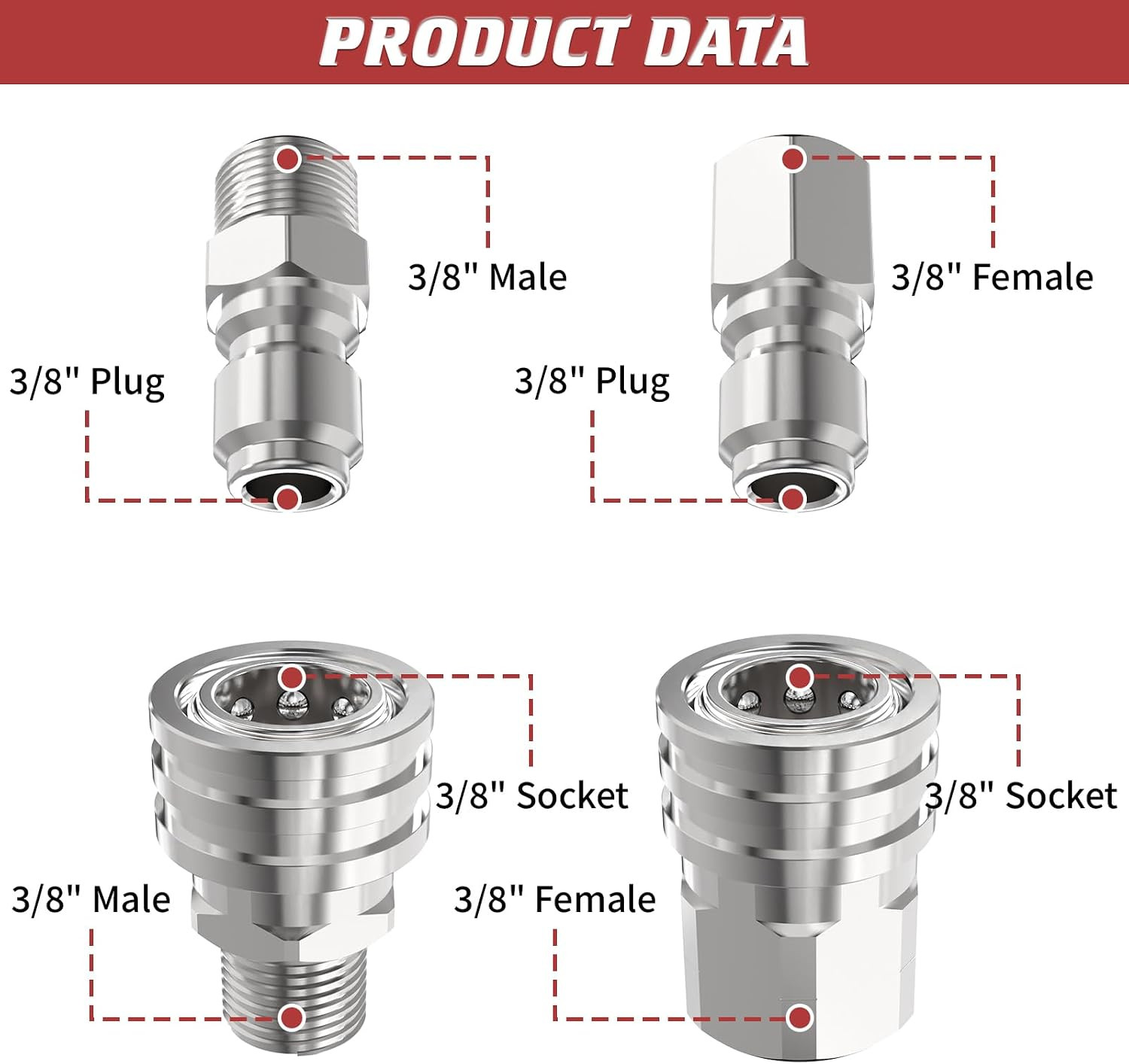 3/8″ Pressure Washer Quick Connect Kit, Female and Male Swivel Fitting, Stainles