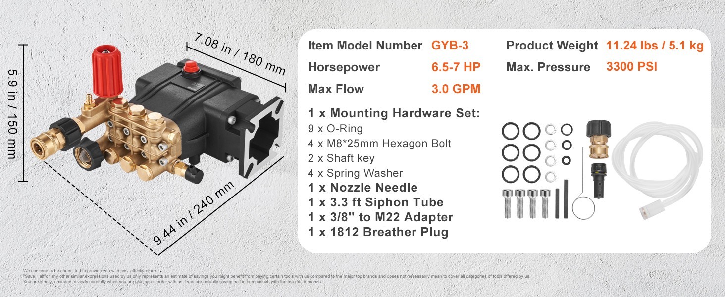 Pressure Washer Pump Power Washer Pump 3/4″ Horizontal 3300 PSI 3 GPM