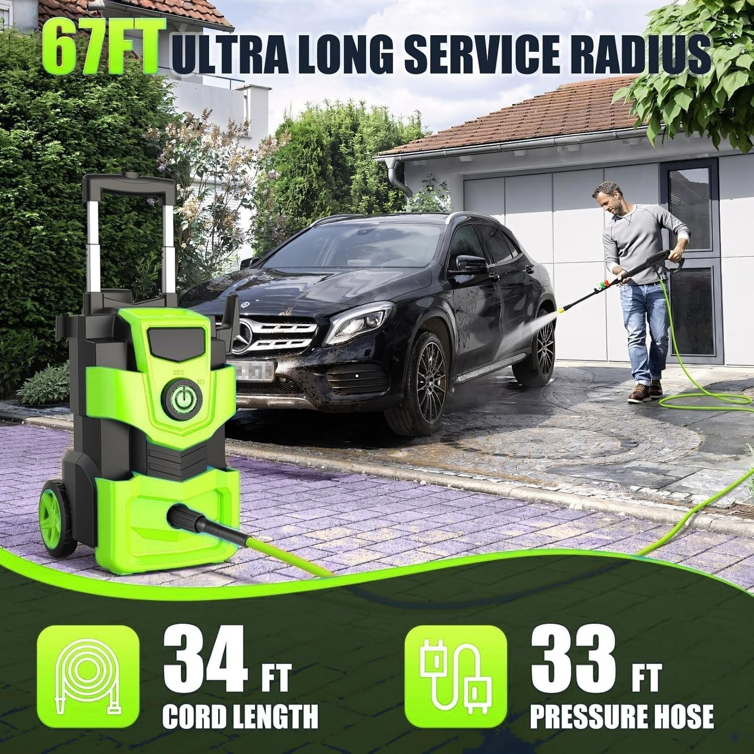 **5000 PSI Electric Pressure Washer 4.0 GPM 33FT Hose Foam Cannon 4 Nozzles Gree