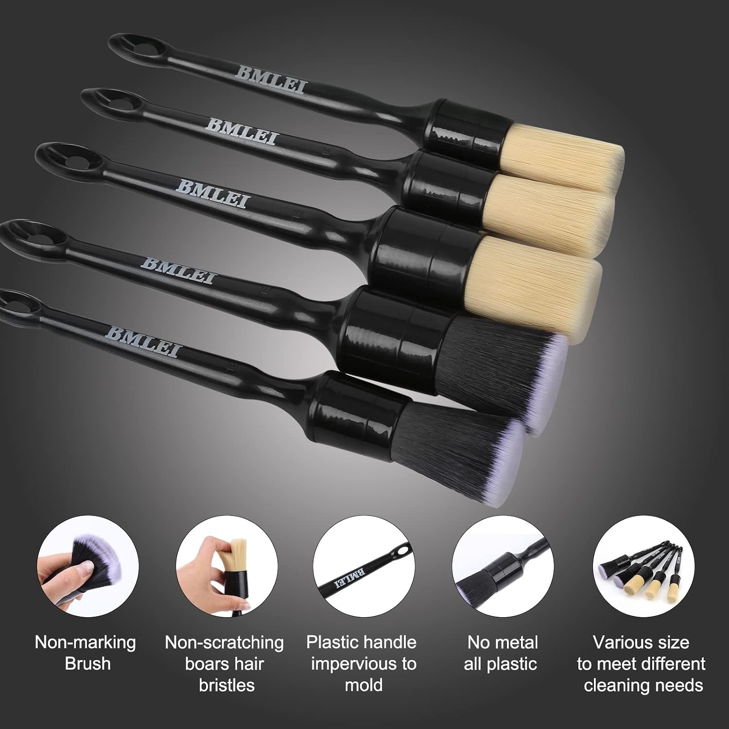 5pcs Car Detailing Brushes Set, Boars Hair Auto Car Detail Brush Kit No Scratch,
