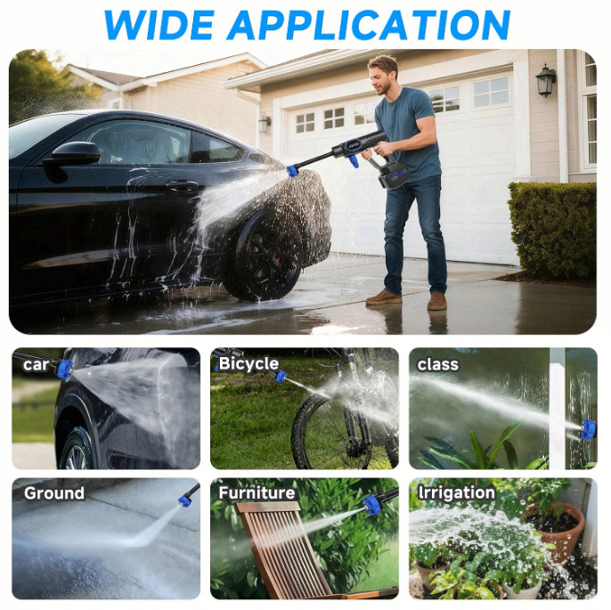 Cordless Portable Washer, Battery Powered, 6-in-1 Nozzle, 16FT Hose, Car Washer