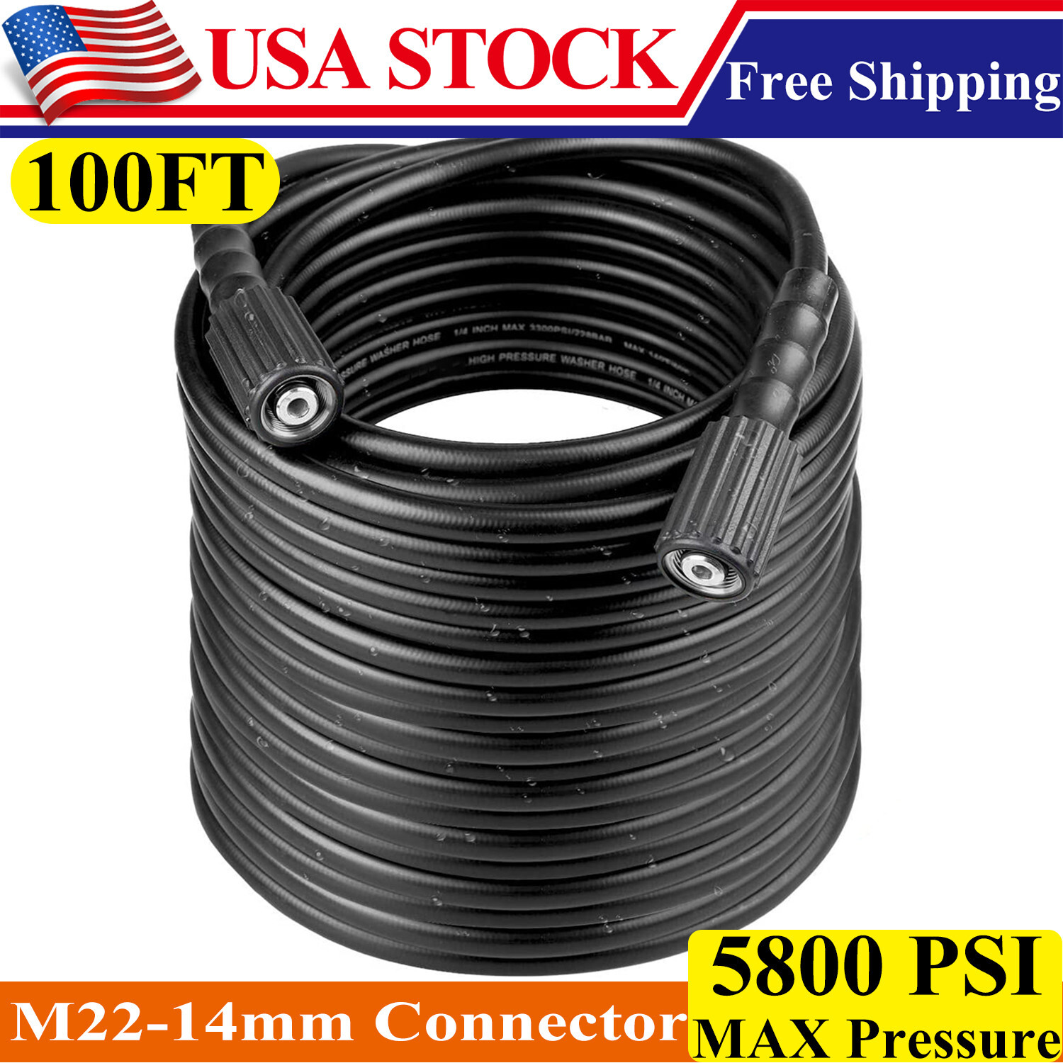 High Pressure Washer Hose 30m/100ft 5800PSI M22-14mm Power Washer Extension Tube