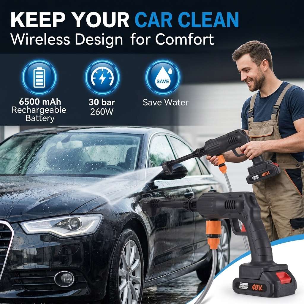 Cordless Electric High Pressure 30Bar Washer Water Spray Gun Car Cleaner Tool
