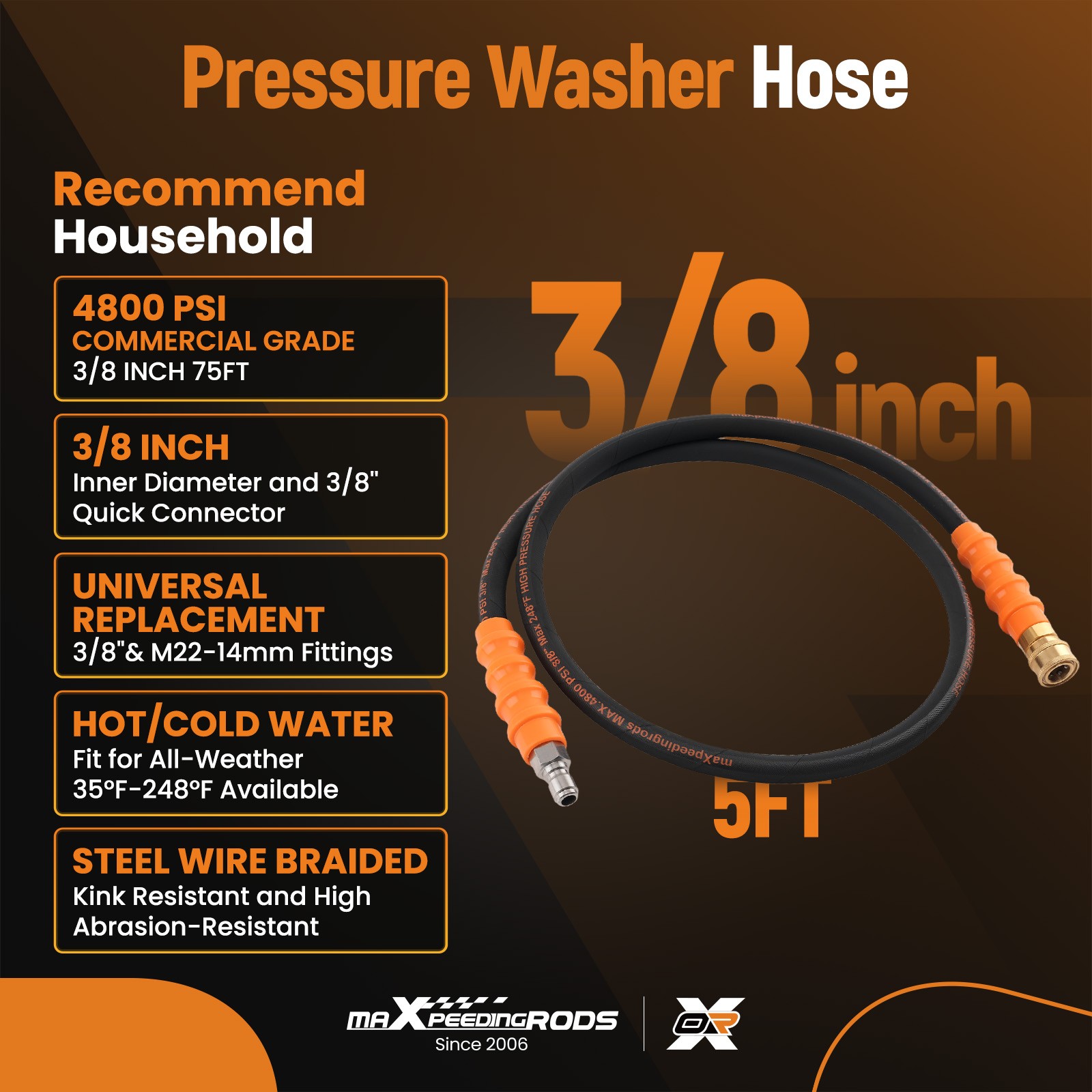 3/8″ Quick Connect Pressure Hose 5FT 4800PSI Steel Wire Braided Rubber Black