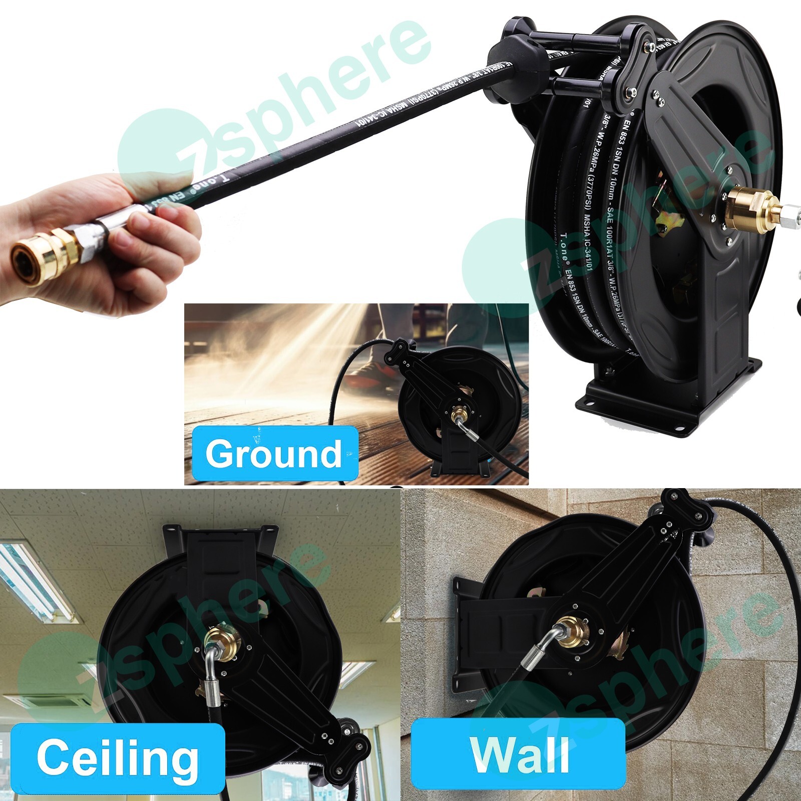 Pressure Washer Hose Reel Kit | 50′ Rubber Steel Hose and 4′ Jumper with 3/8″ QC