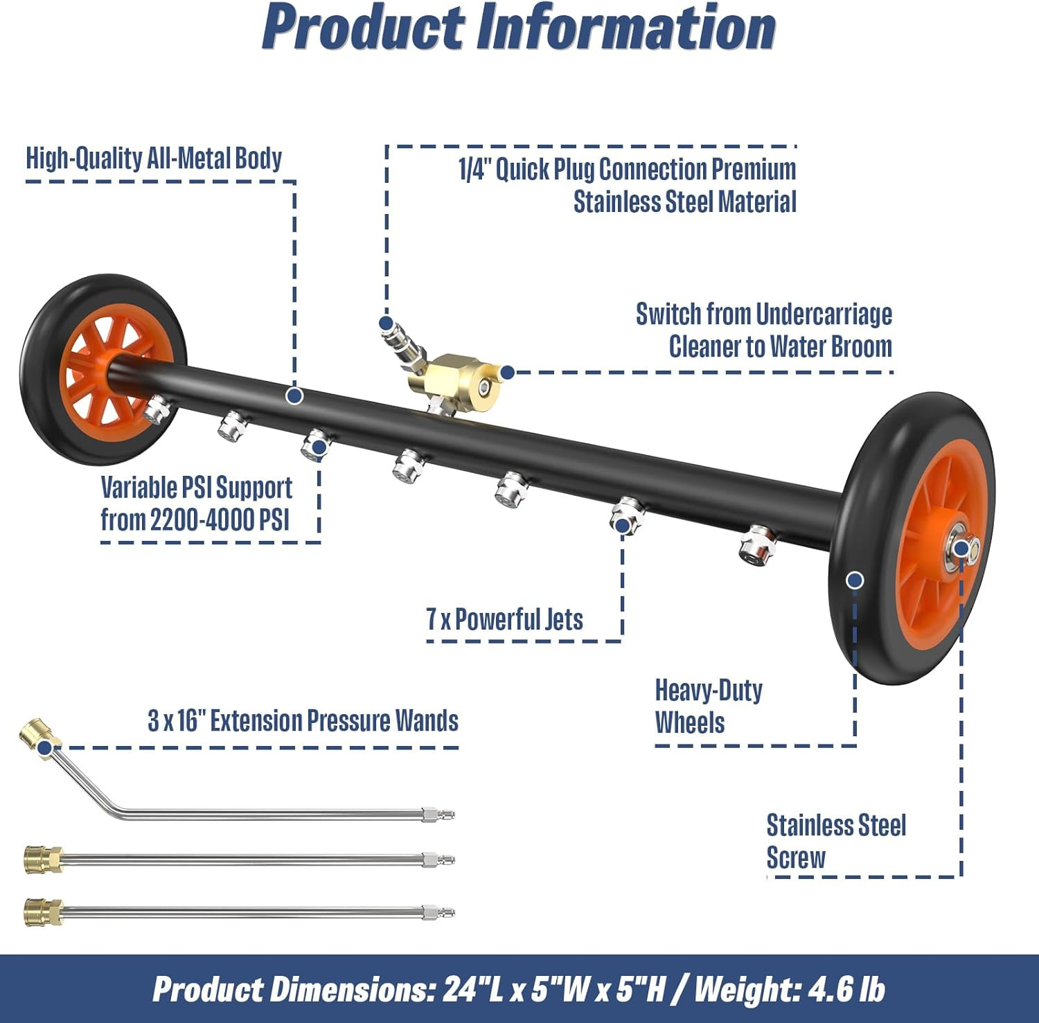 24″ Undercarriage Pressure Washer Attachment with Extension Wand, 4000 PSI