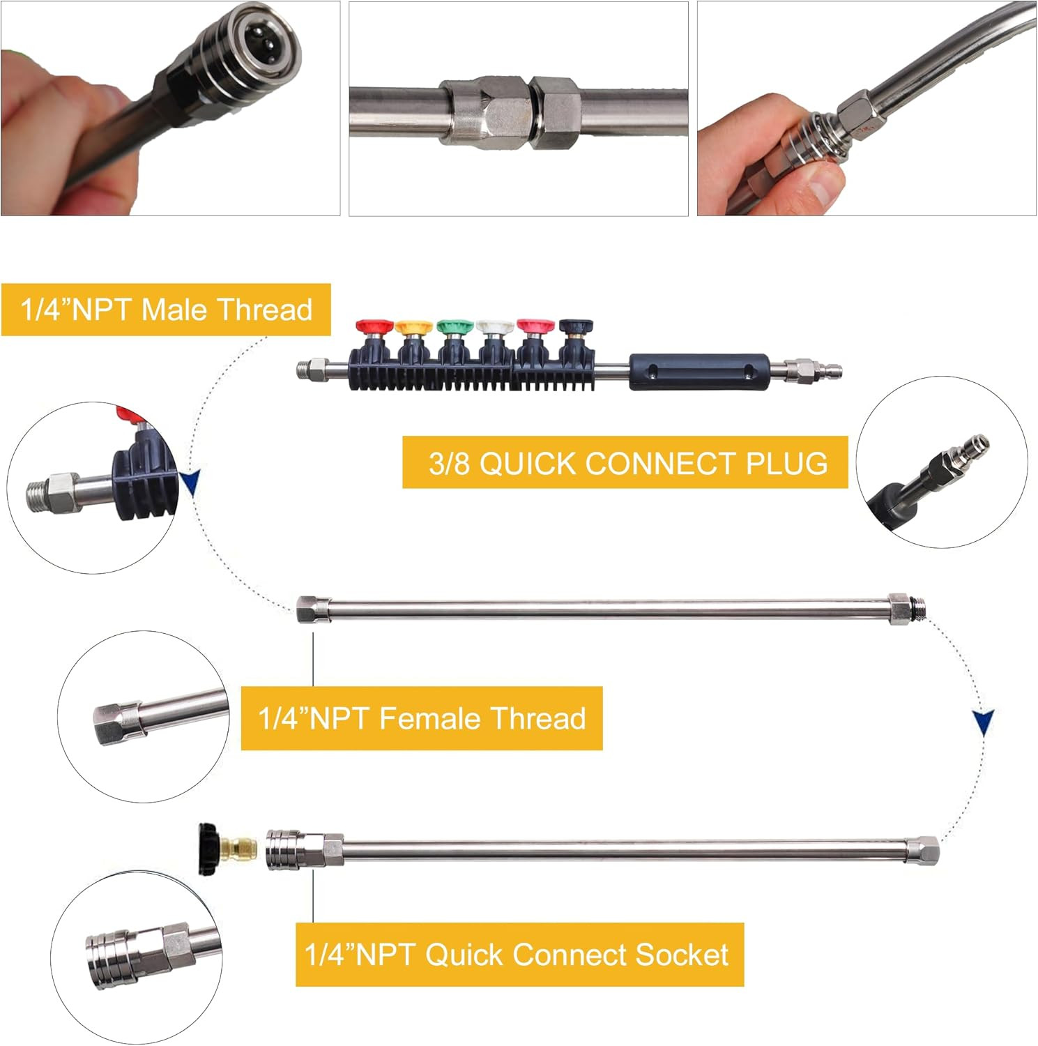 9 Pack Pressure Washer Extension Wand, Stainless Steel Power Washer Lance with 6