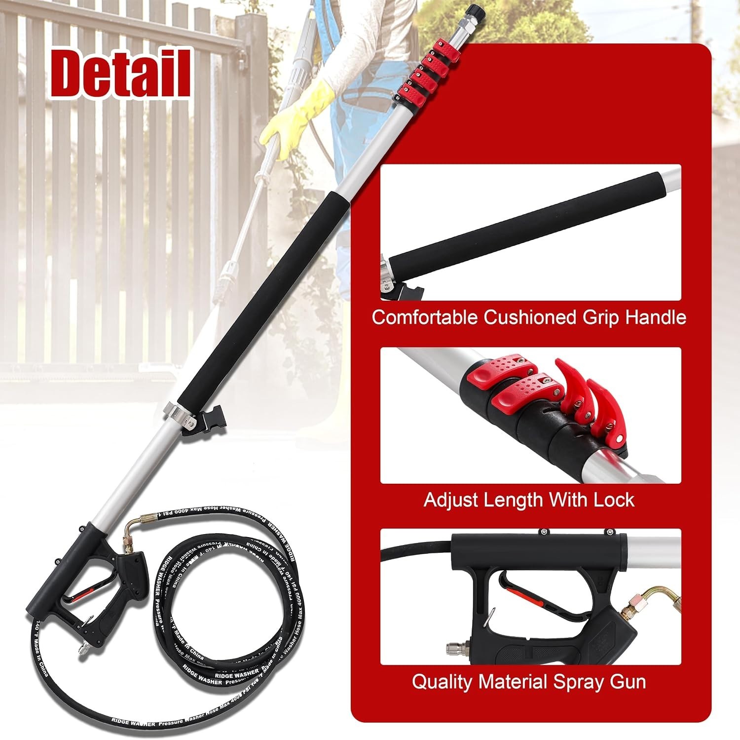 Aluminum Telescoping Pressure Washer Wand 24 Feet with 3 Extension Curved Wands