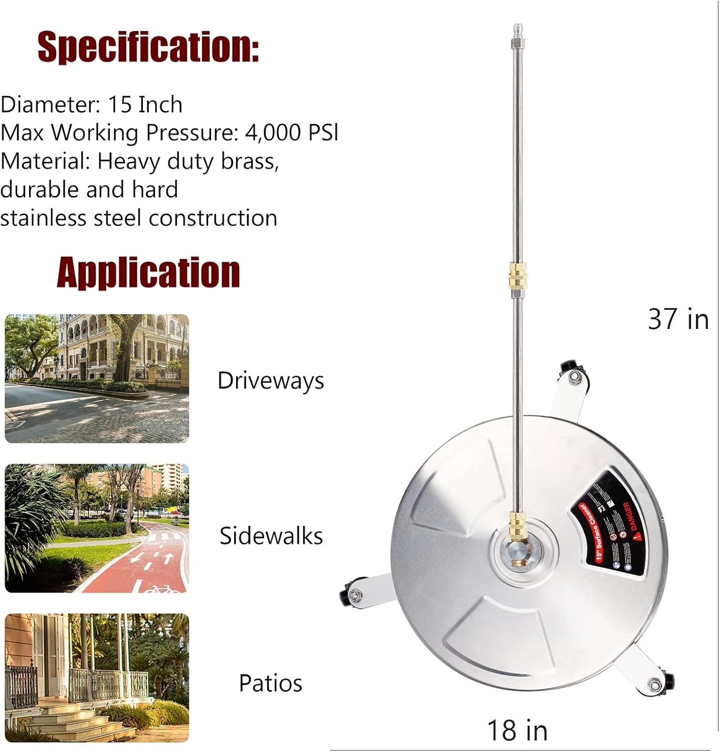 Twinkle Star 15″ Pressure Washer Surface Cleaner With 3 Wheels,
