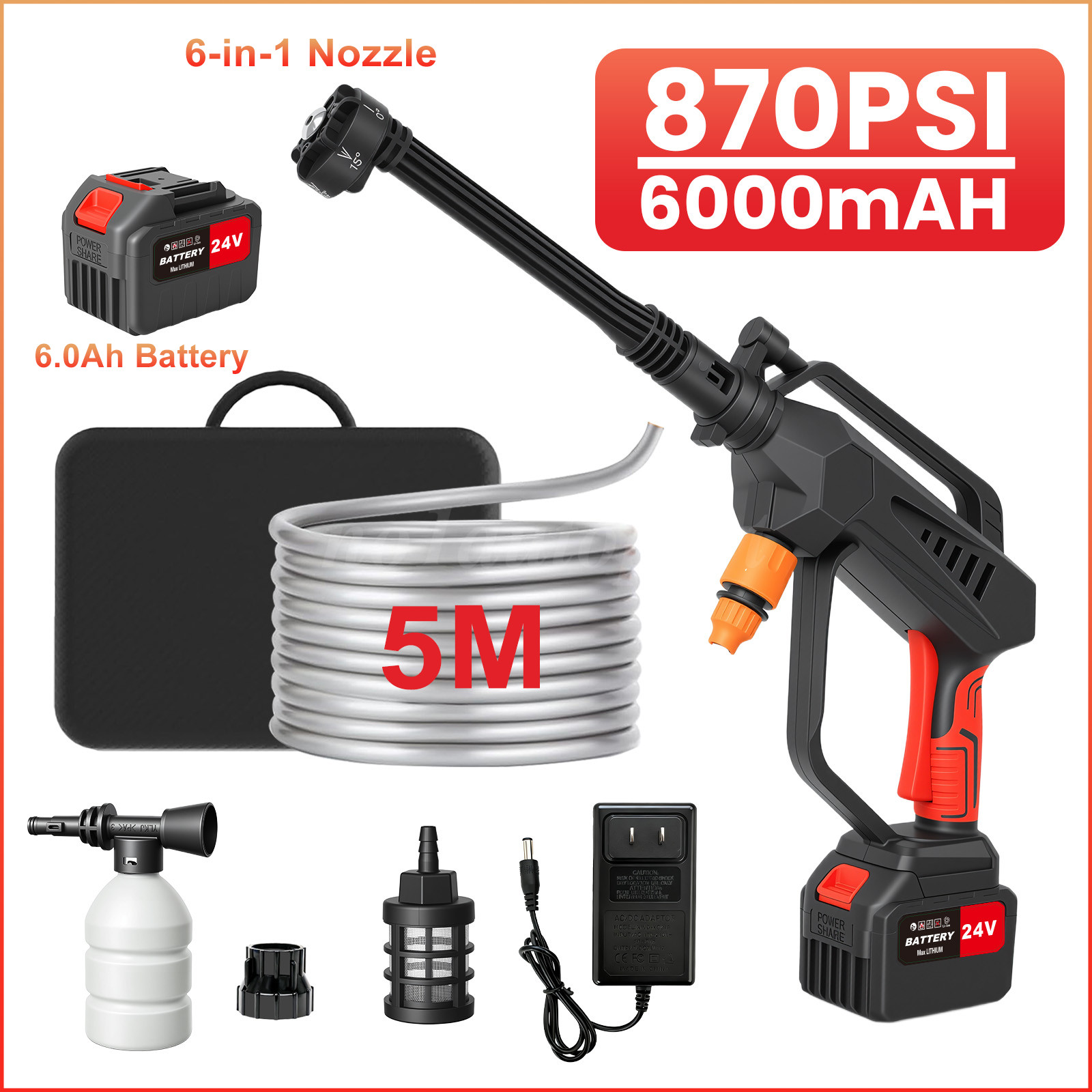 Brushless Cordless Pressure Washer 870PSI Power Portable 6in1 Pressure Washer