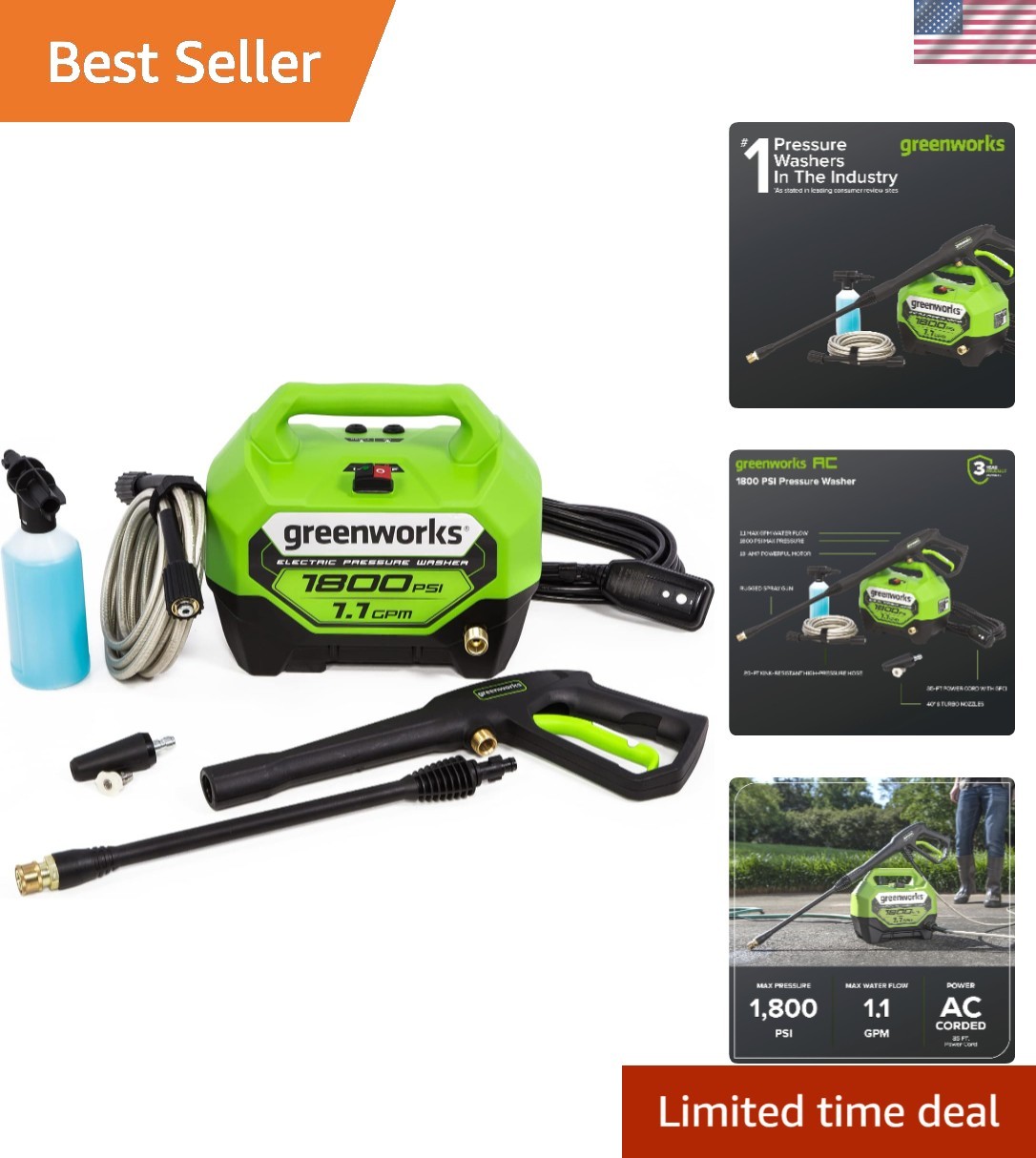 1800 PSI 1.1 GPM Electric Pressure Washer PWMA Certified