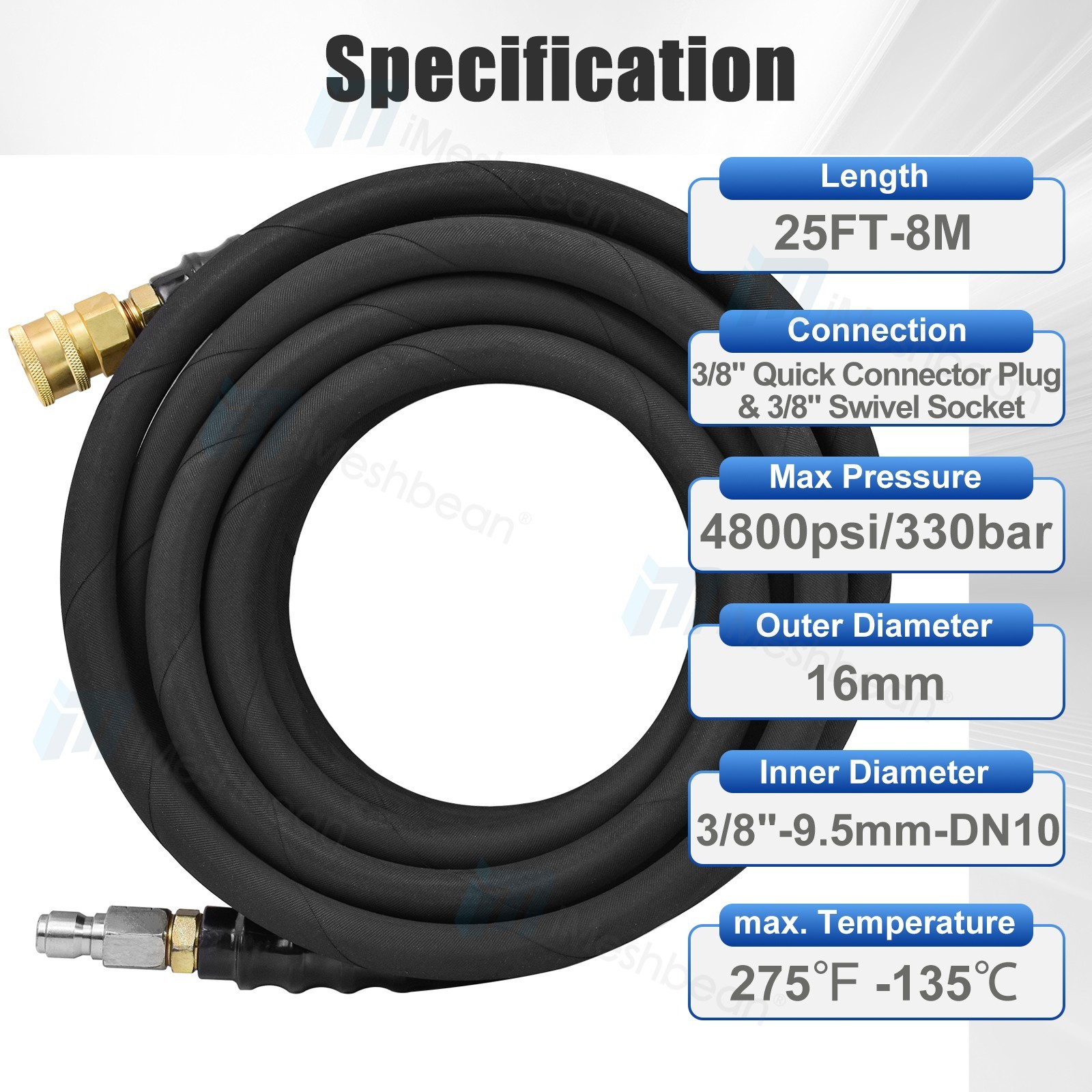 Hot Water Pressure Washer Hose 3/8″ x 100ft 6000 psi Non-Marking 2 Steel Braid