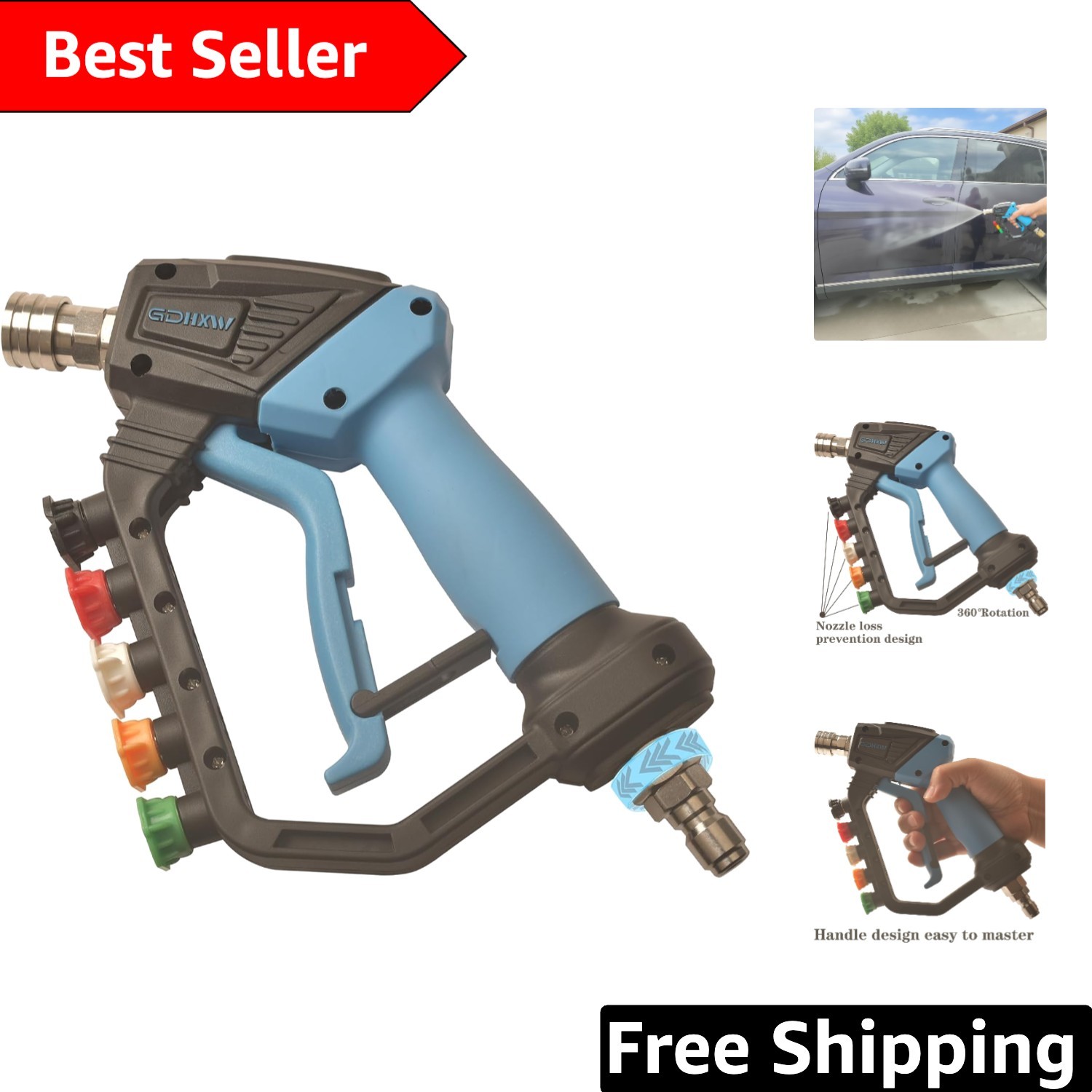 Short Lightweight Pressure Washer Gun – 5000 PSI with 5 Nozzle Loss Prevention