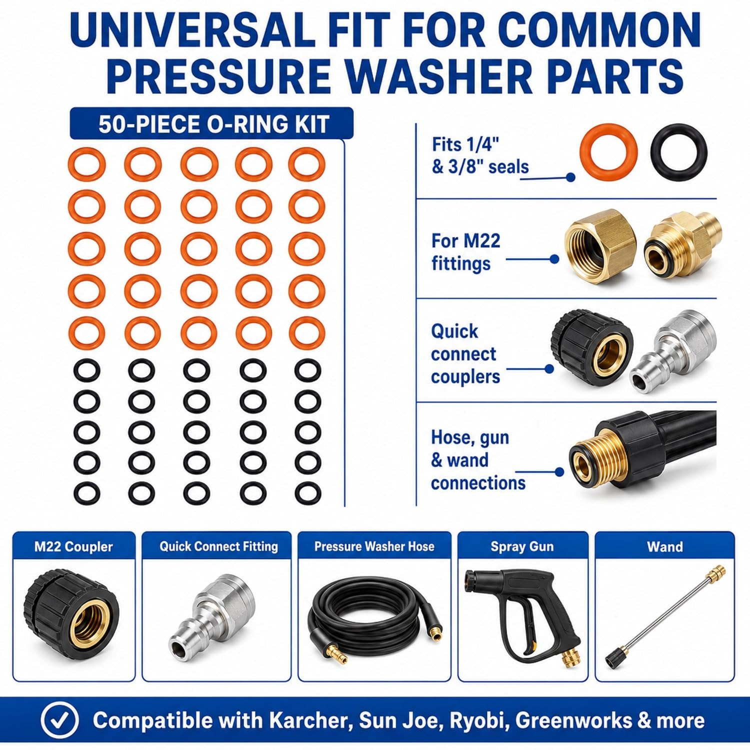 50-Piece Pressure Washer O-Ring Kit, 1/4″ & 3/8″ NBR Rubber Replacement Seals fo