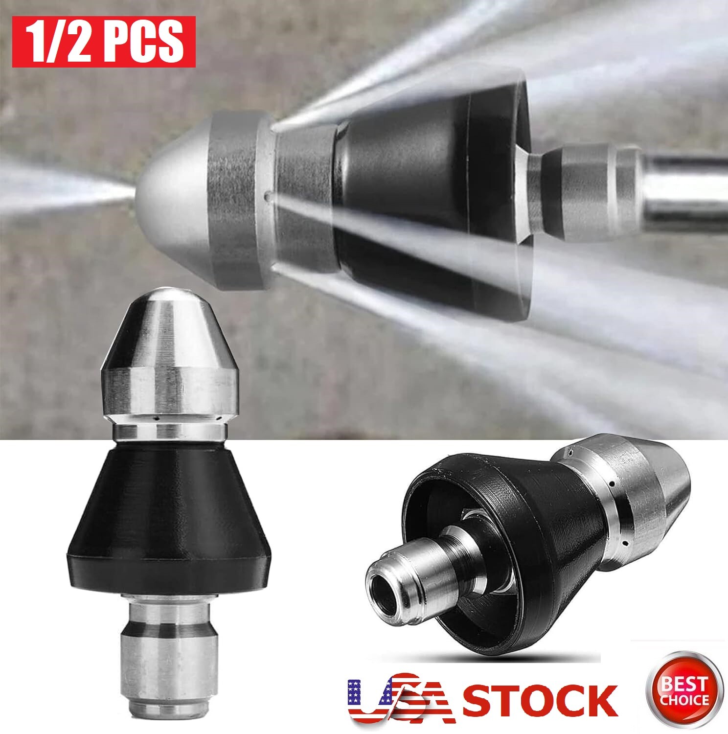 2× Sewer Cleaning Tool High-pressure Nozzle 5000psi Pipe Cleaner 1/4″ Connector