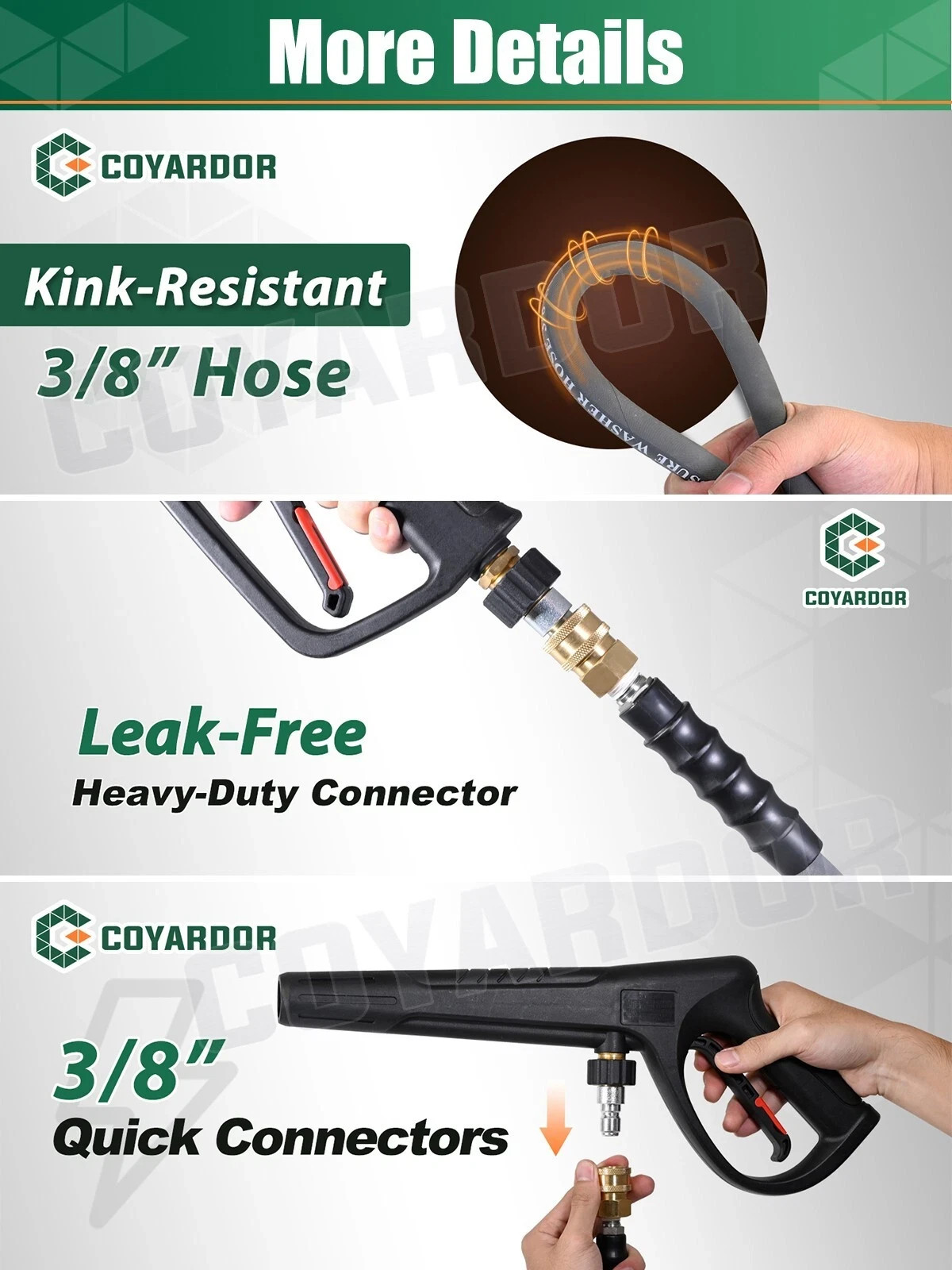 COYARDOR 4500 psi High Power Washer Hose 3/8″ for Hot Water, Non Marking Rubber