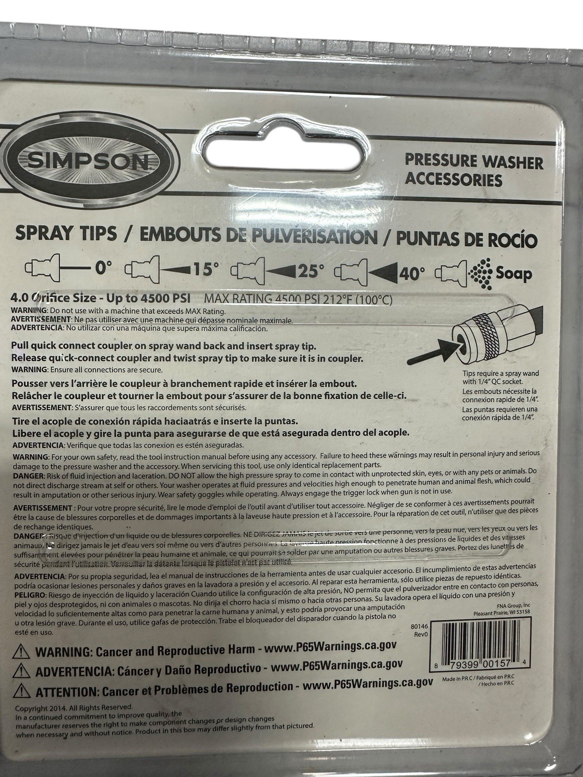 Simpson 80146 Pressure Washer Nozzle Spray Tips Up to 4500 PSI, Quick Connect