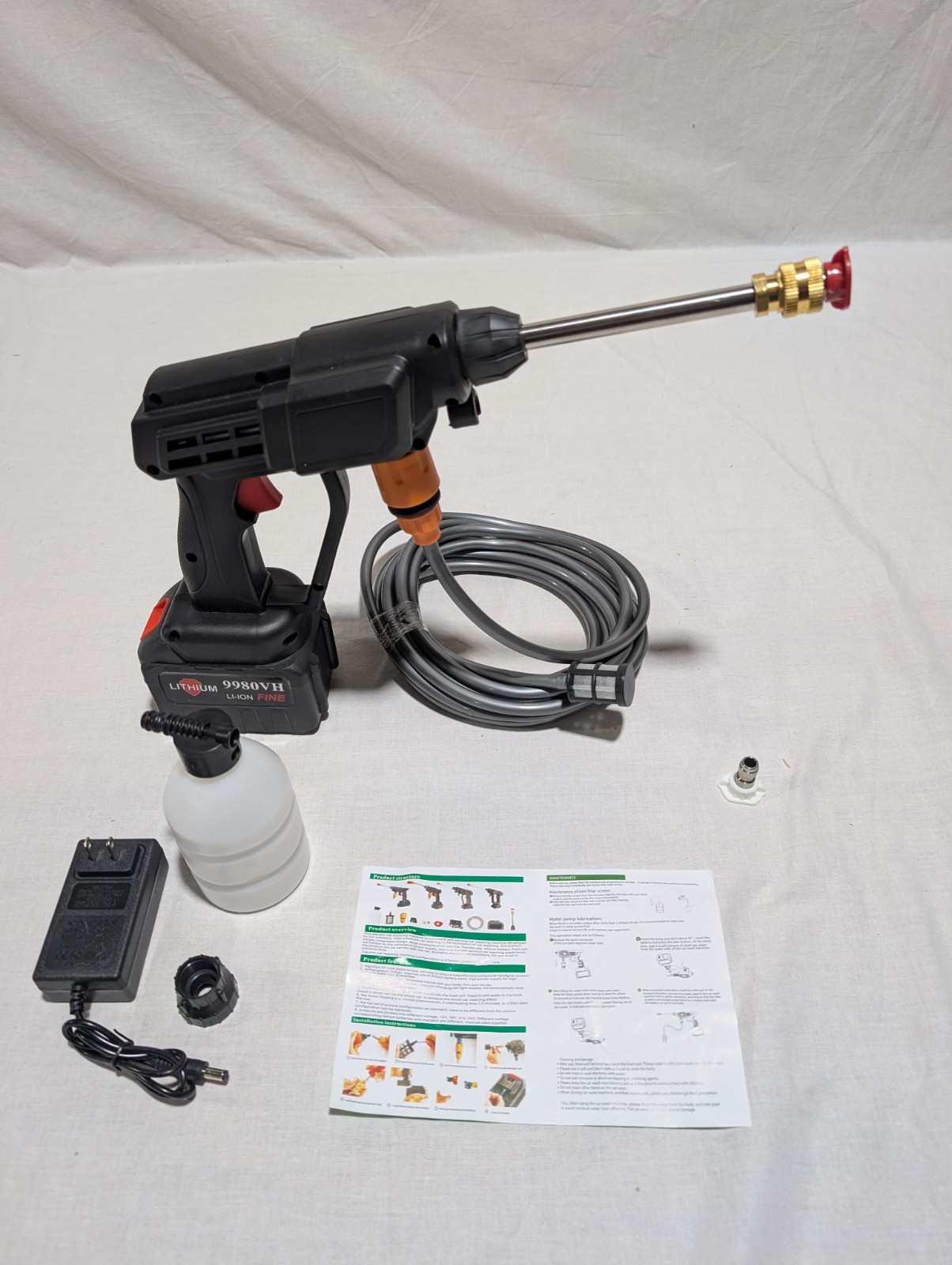 Portable Cordless Pressure Washer Foam Bottle Wand Spray Tips Dual Hookups Black