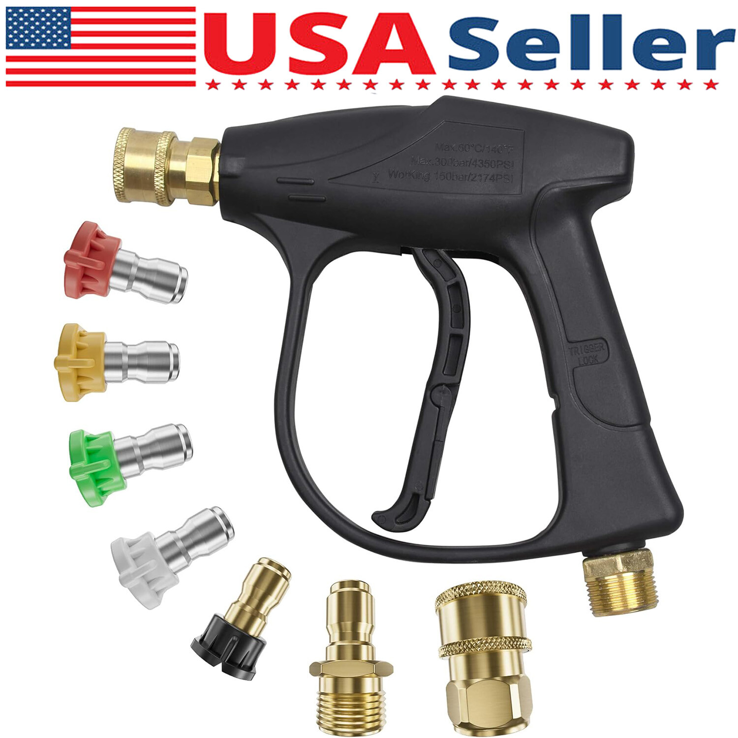 1/4″ High Pressure Car Washer Wash Gun Foam Spray Short Wand w/5 Nozzle 4000 PSI