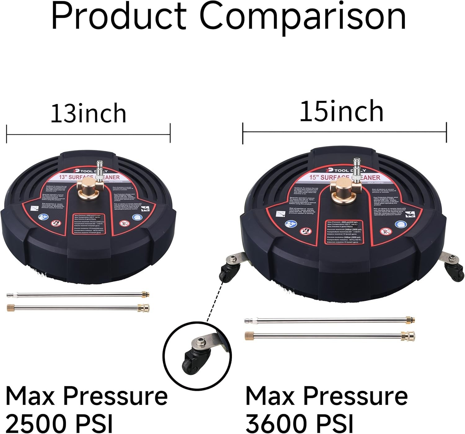 15-Inch Pressure Washer Surface Cleaner with 3 Wheels & 2 Extension Wands