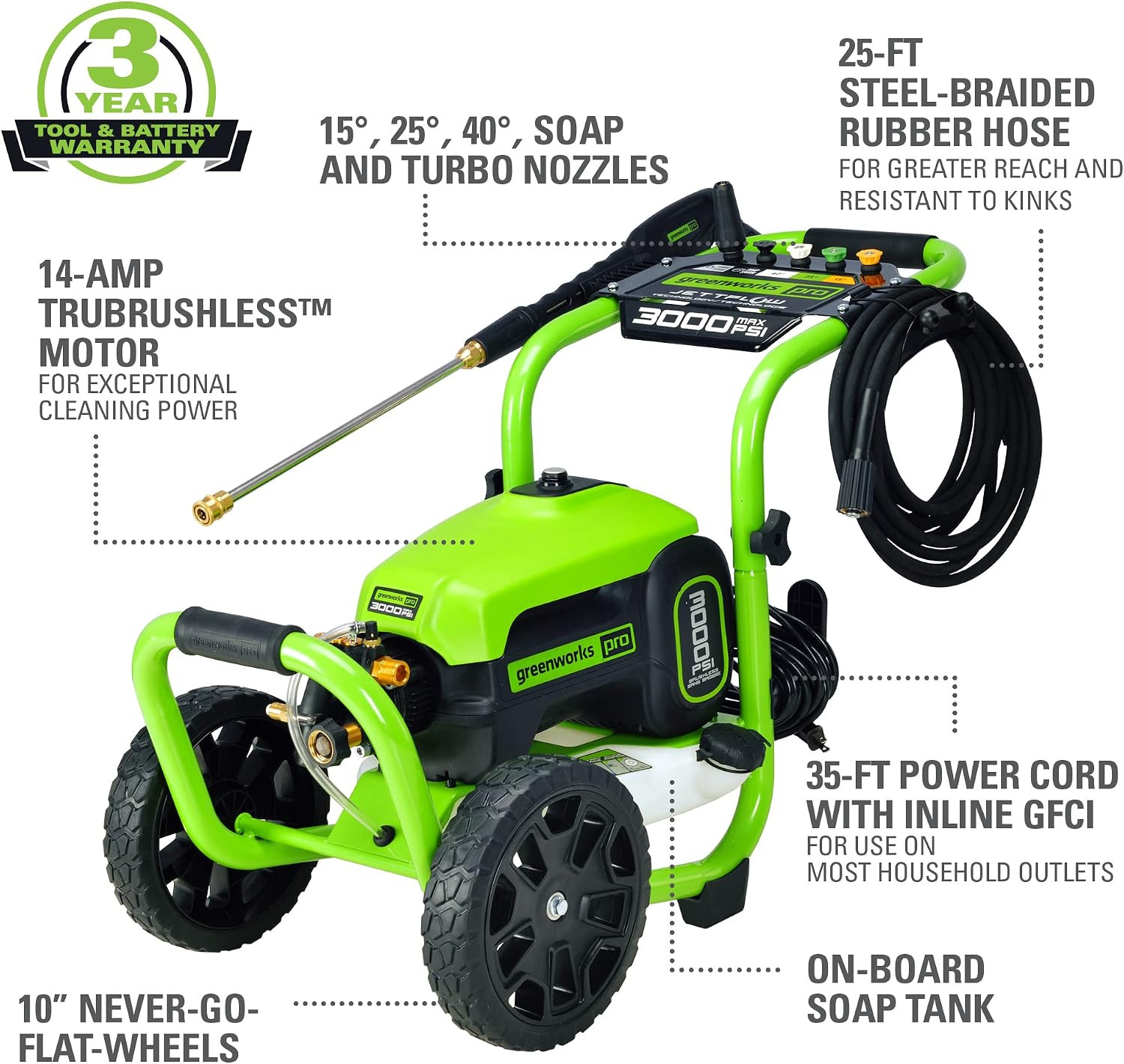 Greenworks 3000 PSI (2.0 GPM Max) Brushless Electric Pressure Washer (15°, 25°,