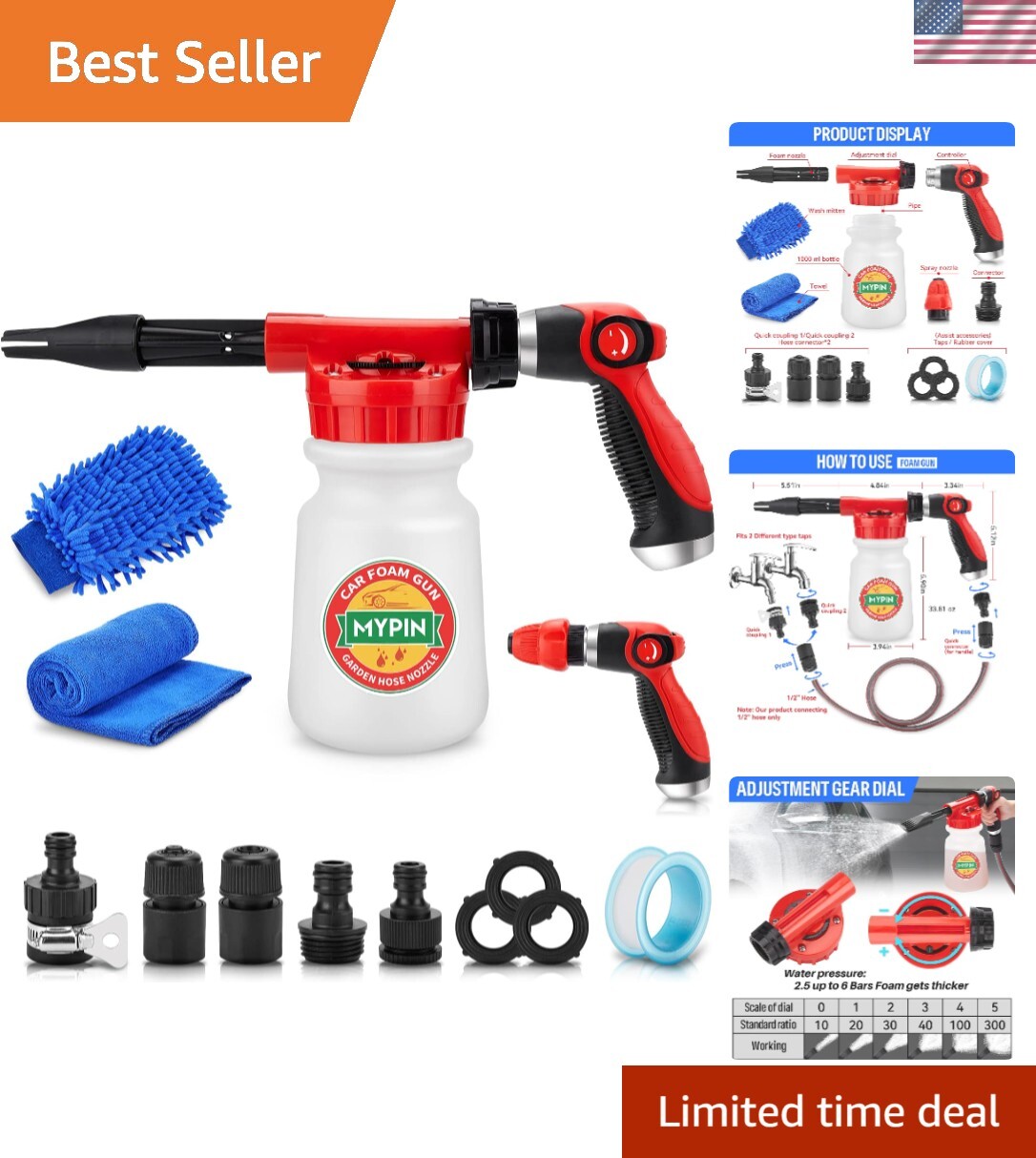 Car Wash Foam Gun/Hose Sprayer, 16 IN 1 Cannon, Adjustable with 2.5-6 Ratio D…