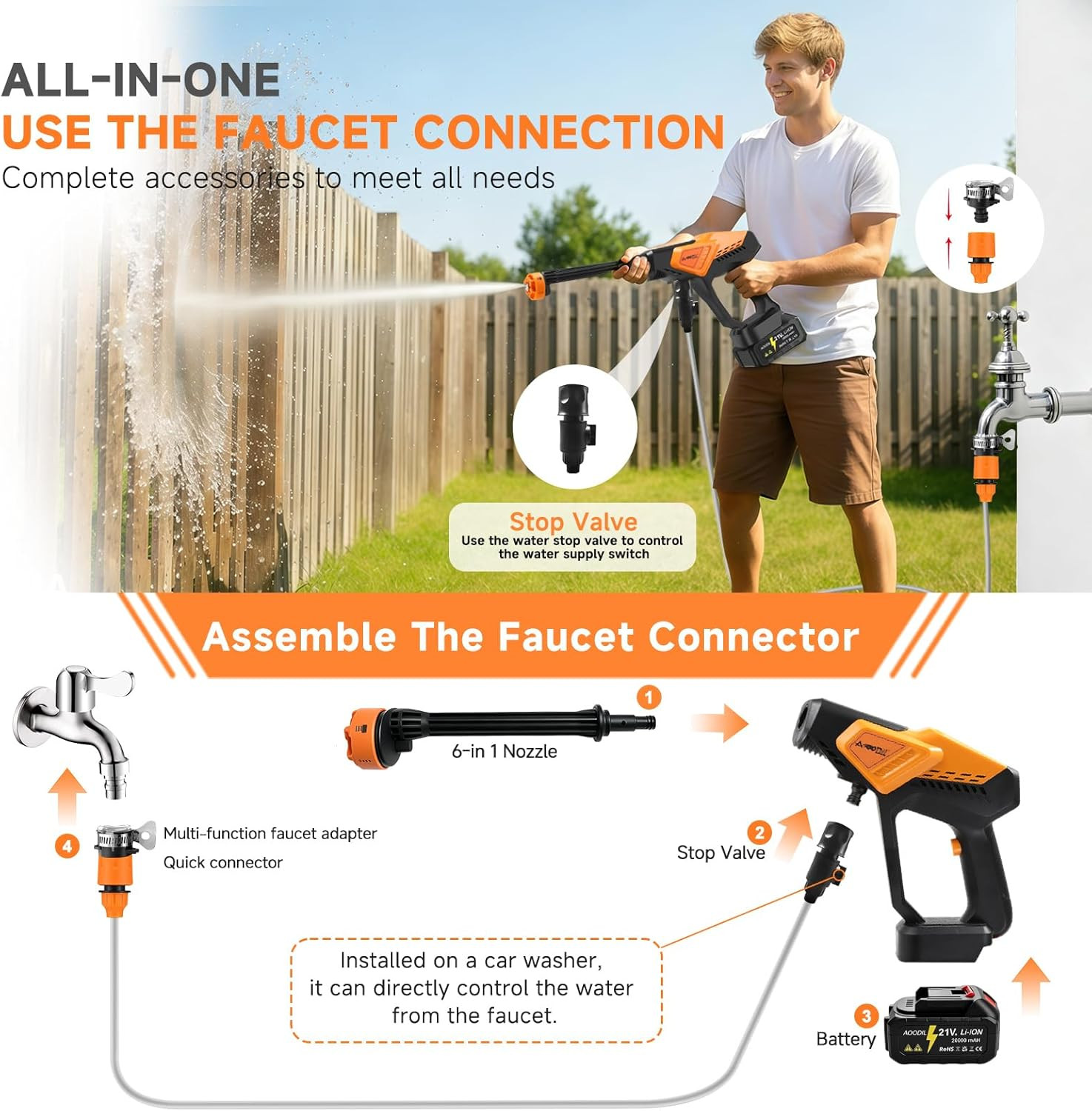 Cordless Portable Washer Battery Powered, 6 in 1 Nozzle Handheld Washer with Tap