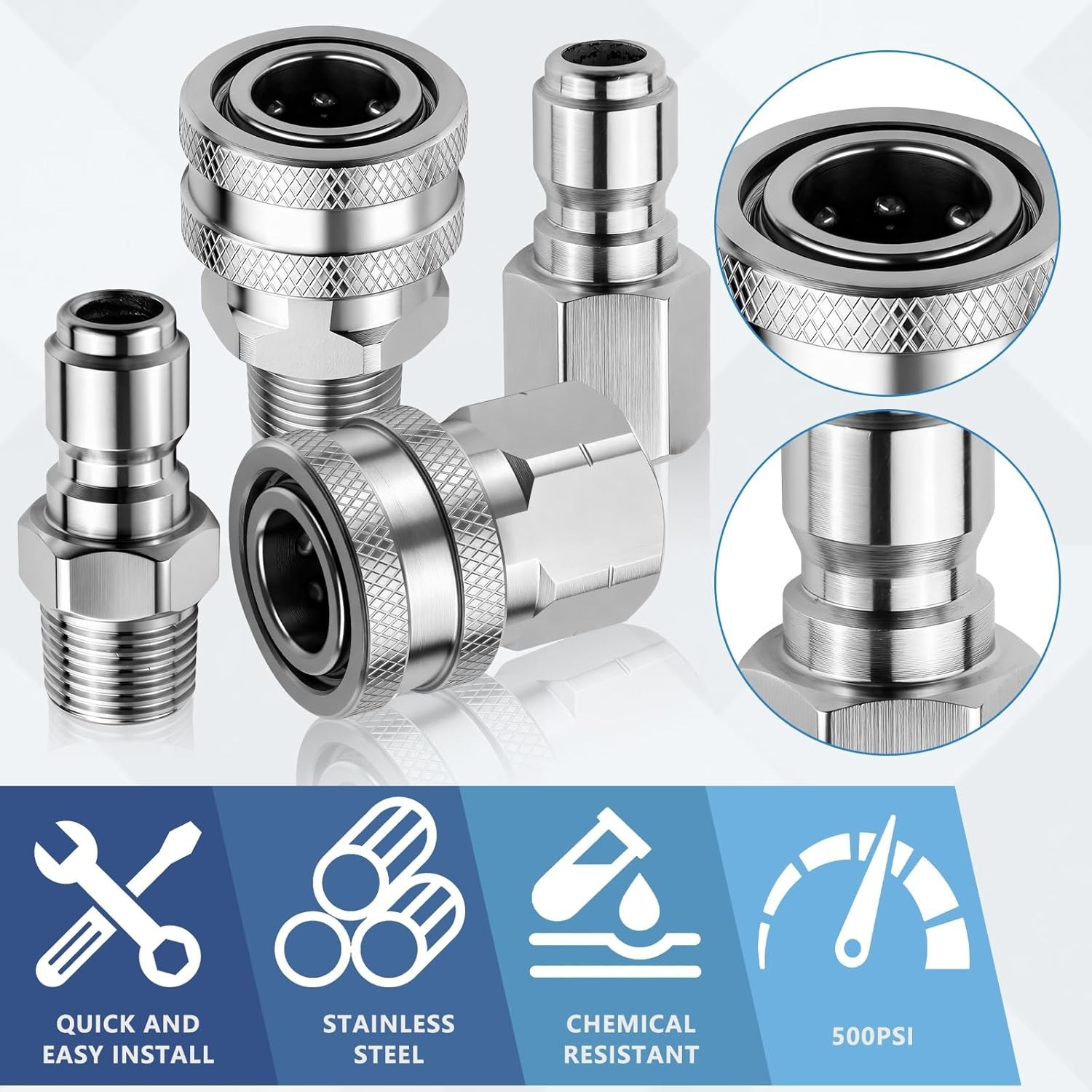 3/8″ Stainless Steel Pressure Washer Quick Connect Kit – 4PCS Adapter Set wit…